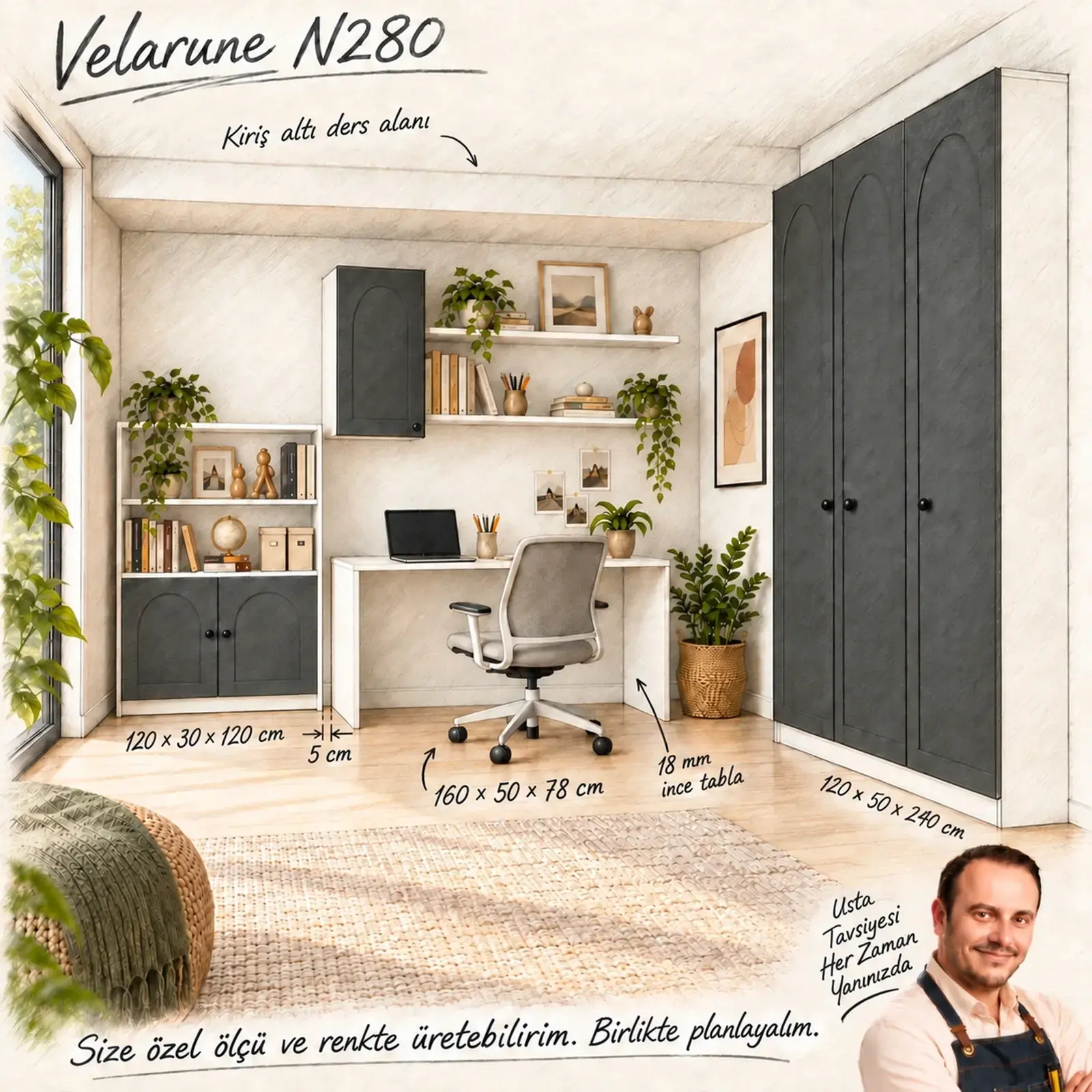 Velarune N280 ölçülü mimari çalışma alanı eskizi ve Turgay Usta tavsiyesi