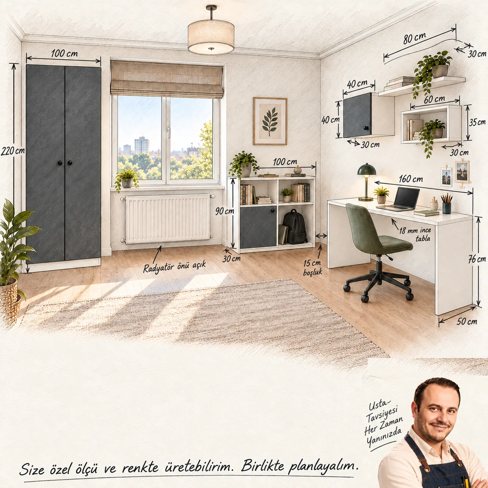 Radyelis R160 ölçülü çalışma alanı eskizi ve Turgay Usta tavsiyesi