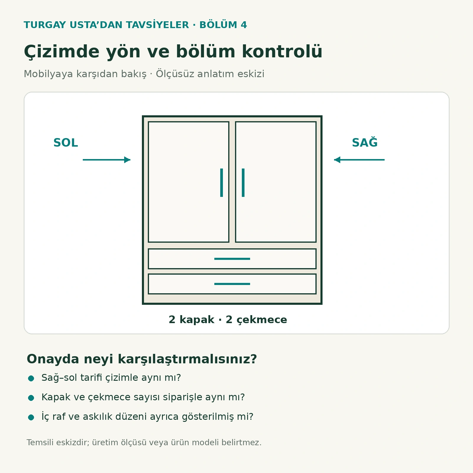 Karşıdan bakışta yönleri, iki kapağı ve iki çekmeceyi gösteren ölçüsüz anlatım eskizi. Üretim projesi değildir.