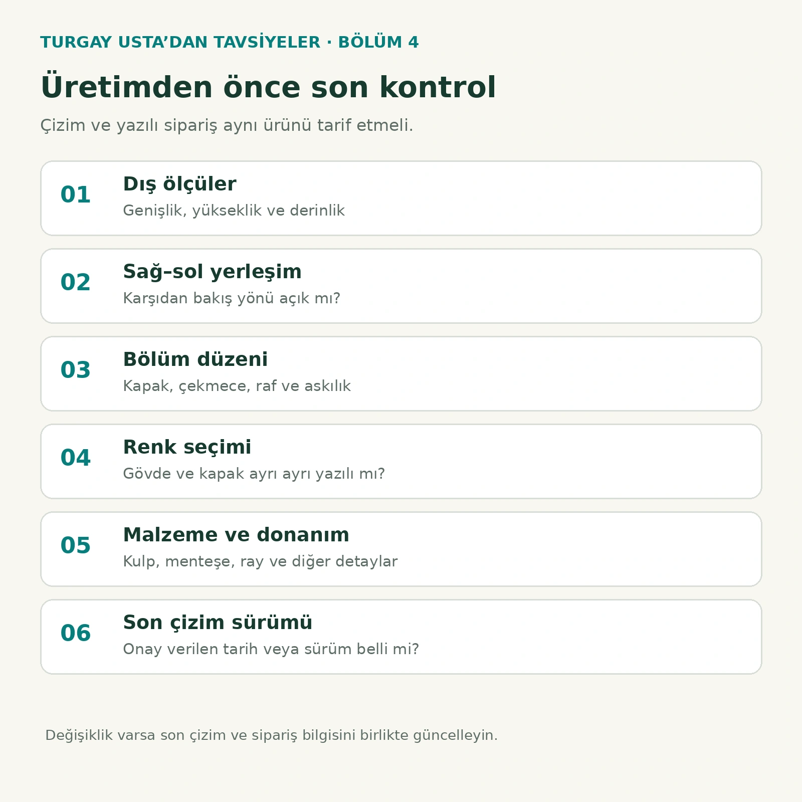 Üretim öncesi çizim onayında kontrol edilecek altı başlık.