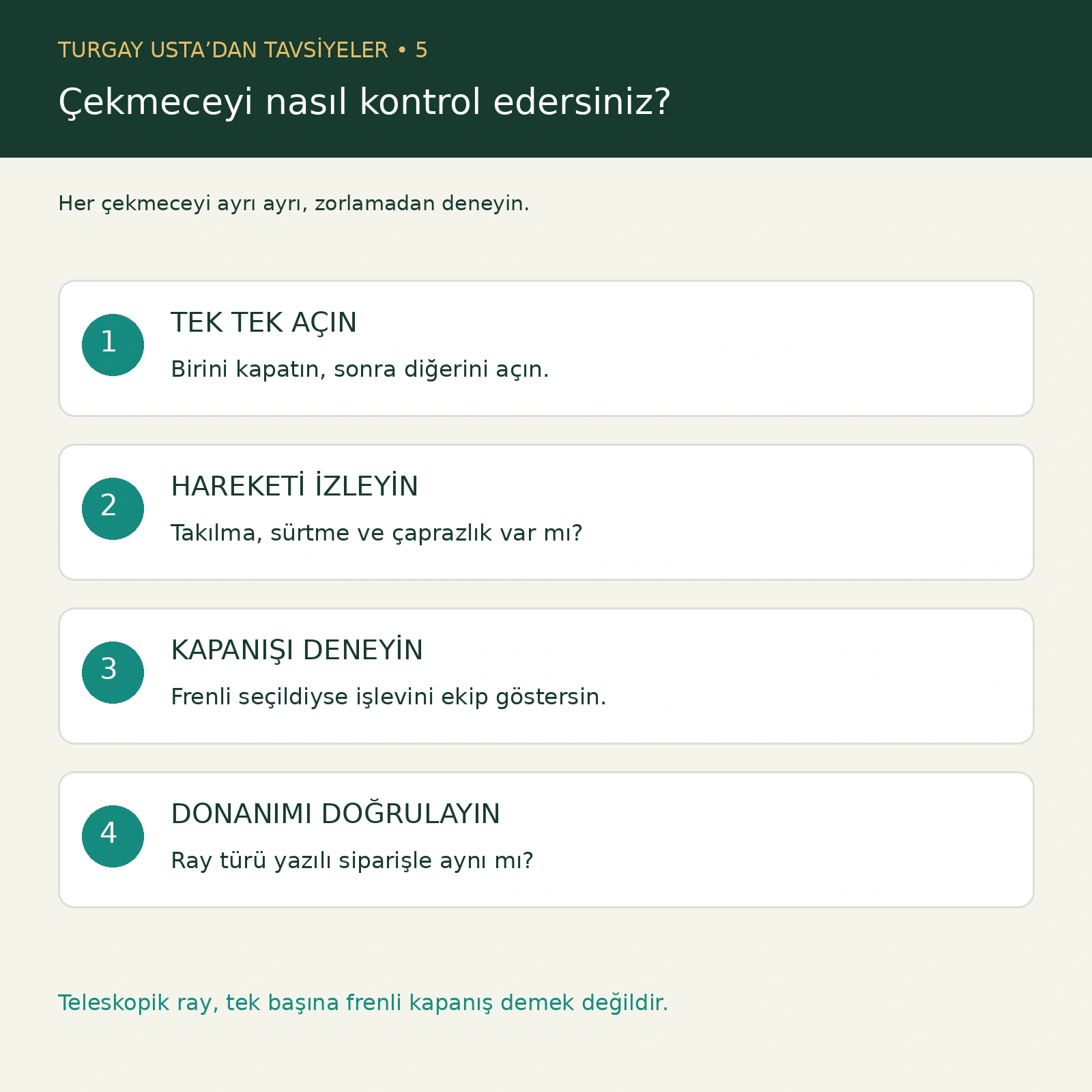 Çekmecenin hareketini ve siparişte seçilen ray özelliğini kontrol etme adımları.