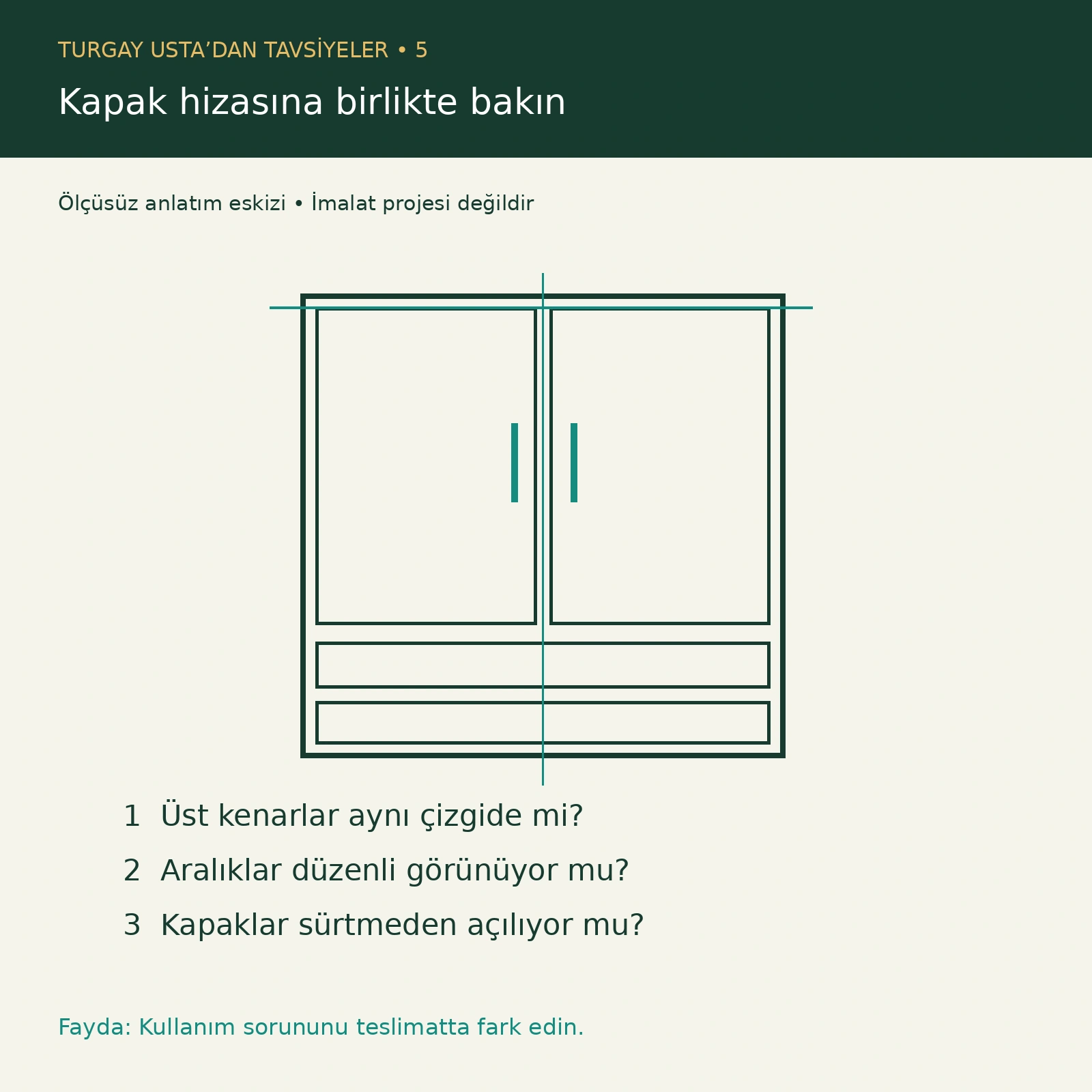 Kapak hizası ve açılımını anlatan ölçüsüz fayda eskizi; imalat projesi değildir.