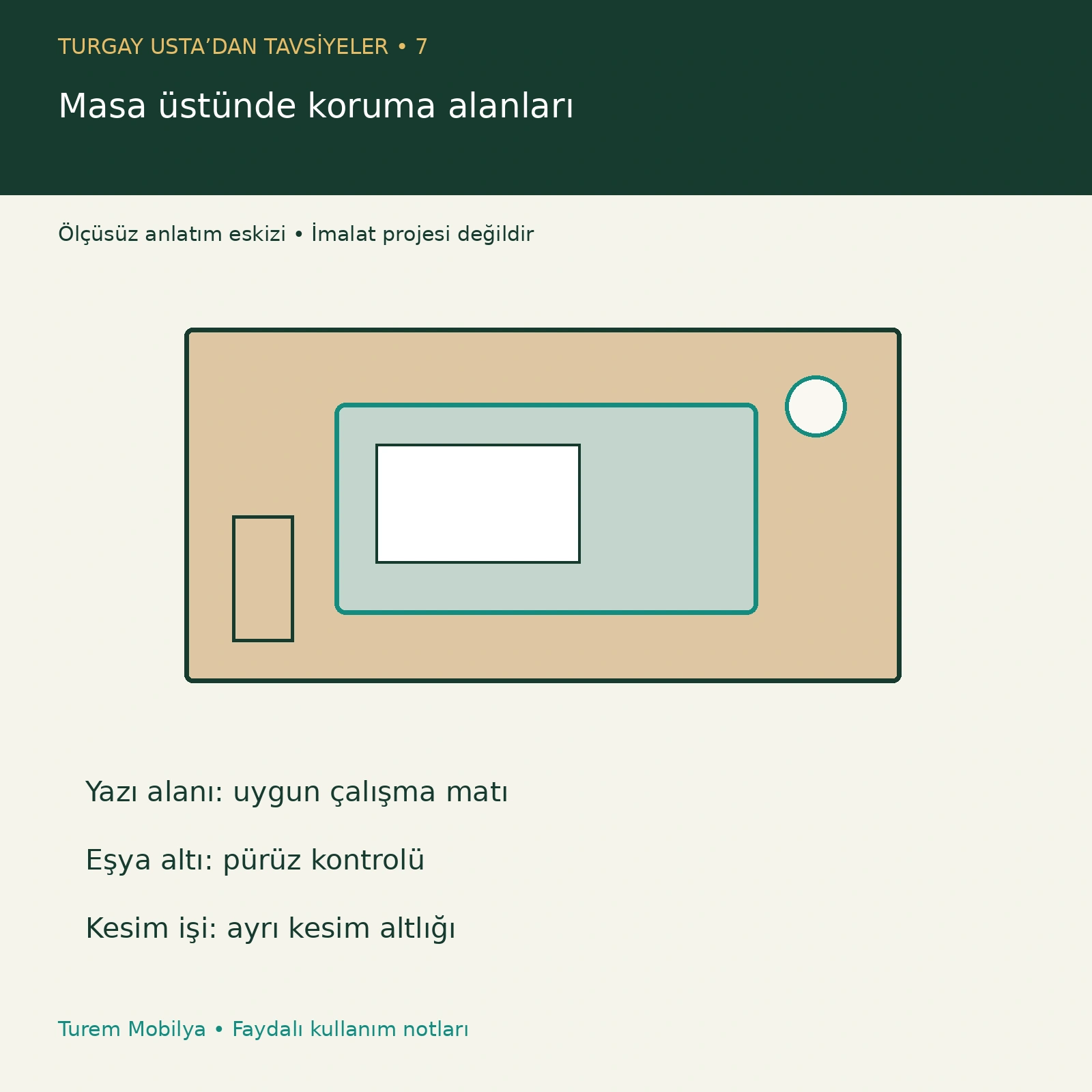Masa üstünde koruma alanları — ölçüsüz fayda eskizi, imalat projesi değildir.