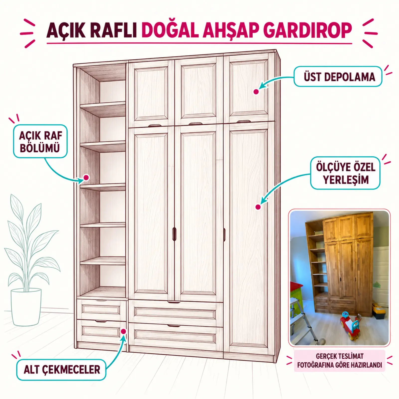Açık raflı doğal ahşap gardırop üst depolama raf ve çekmece fayda eskizi