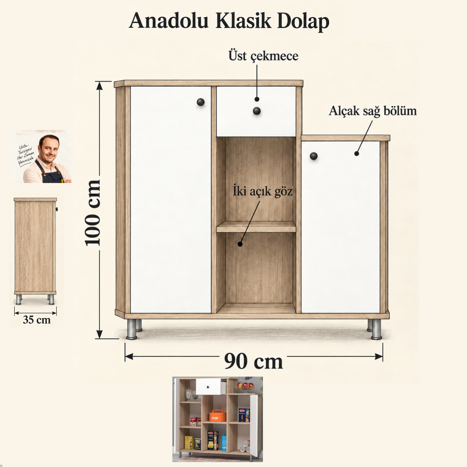 Anadolu Klasik 90 × 35 × 100 cm ölçülü dolap eskizi ve Turgay Usta
