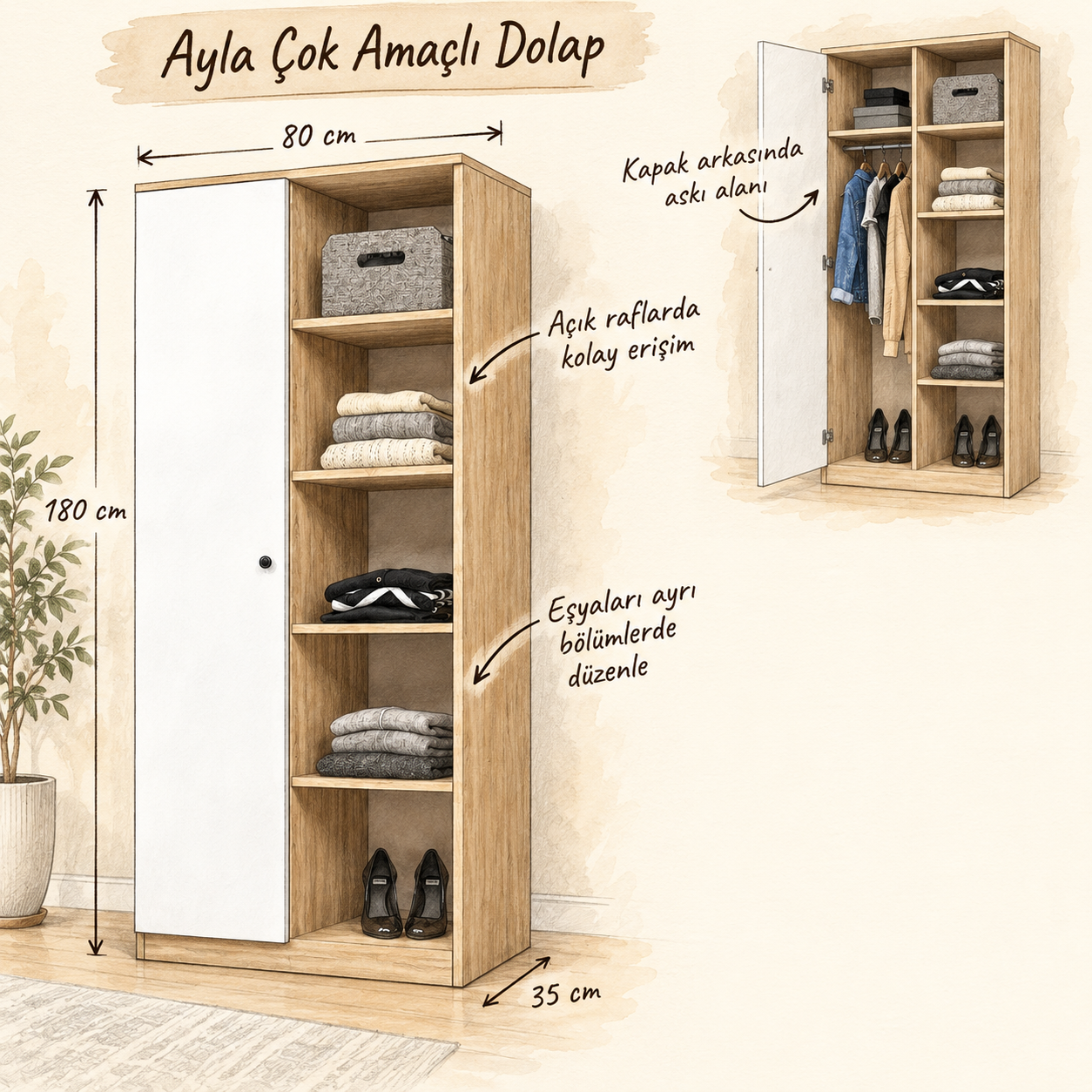 Ayla Çok Amaçlı Dolap 80×35×180 cm; tek uzun kapak, askı alanı ve beş açık bölme fayda eskizi