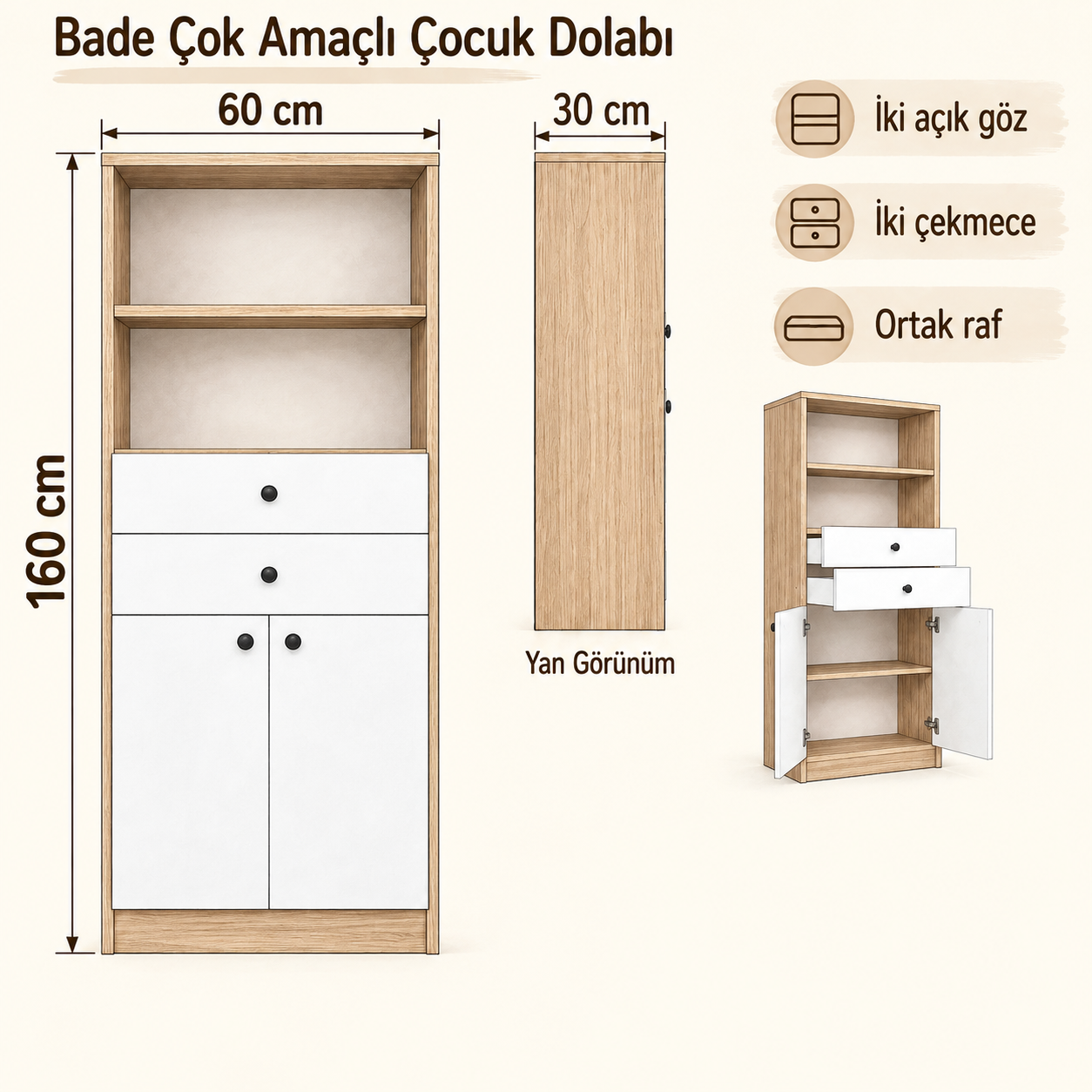 Bade çocuk dolabı 60×30×160 cm ölçülü eskiz