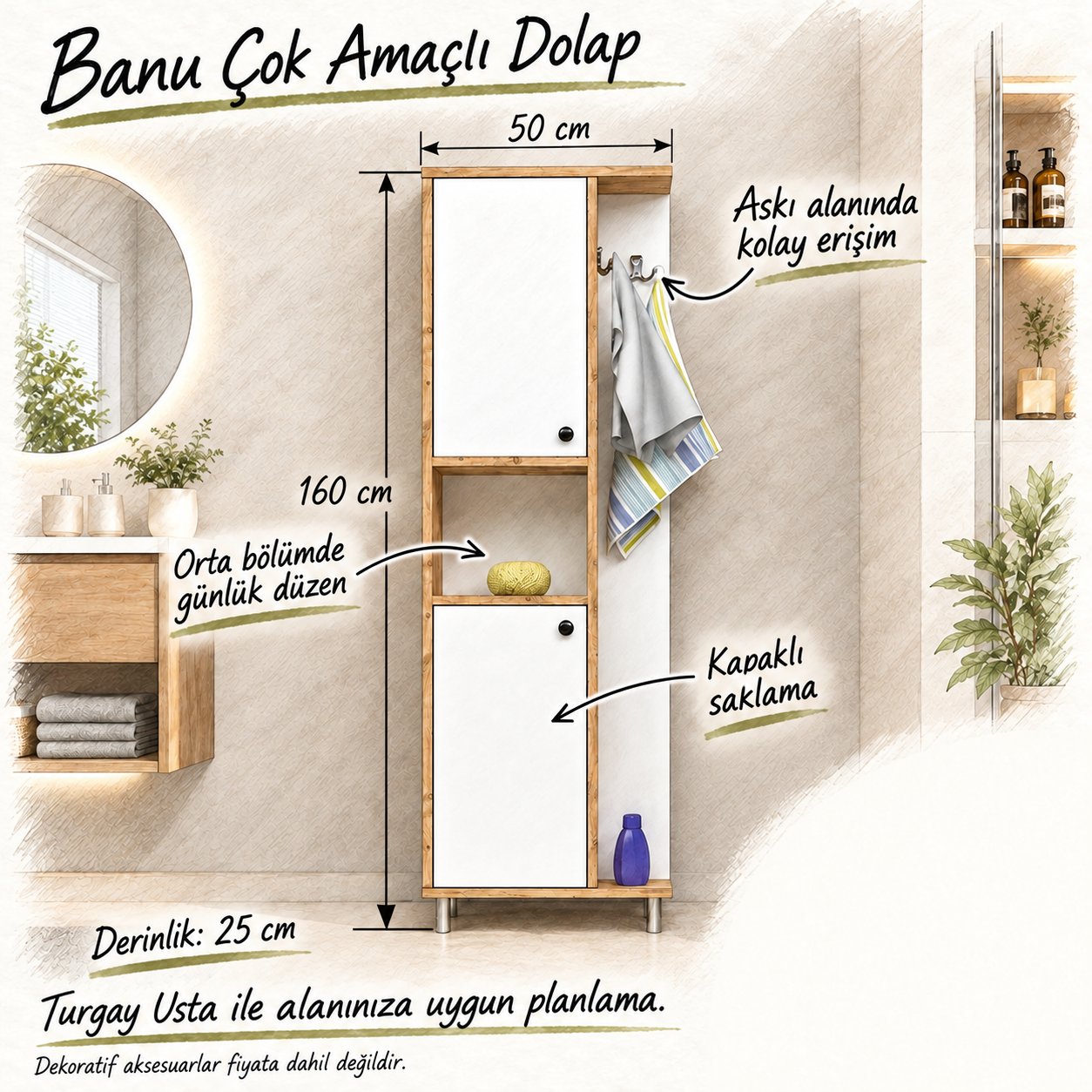 Banu Çok Amaçlı Dolap 50 × 25 × 160 cm; askı alanı, açık niş ve kapaklı saklama faydaları