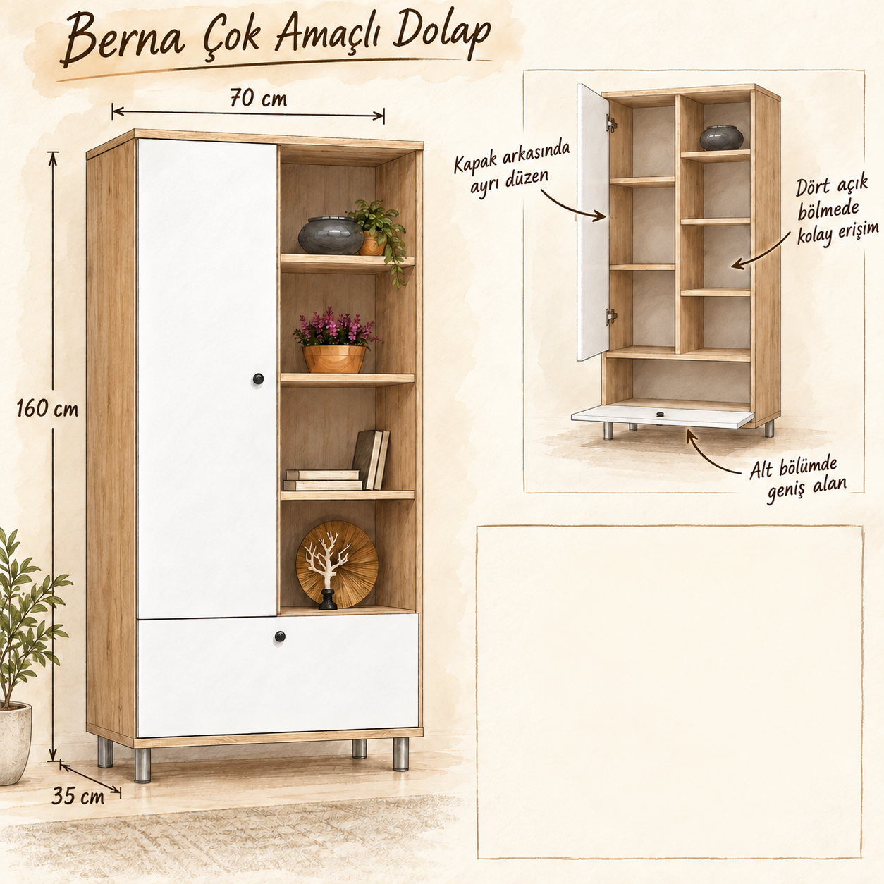 Berna Çok Amaçlı Dolap 70×35×160 cm; uzun kapak, dört açık bölme ve aşağı açılan alt kapak fayda eskizi