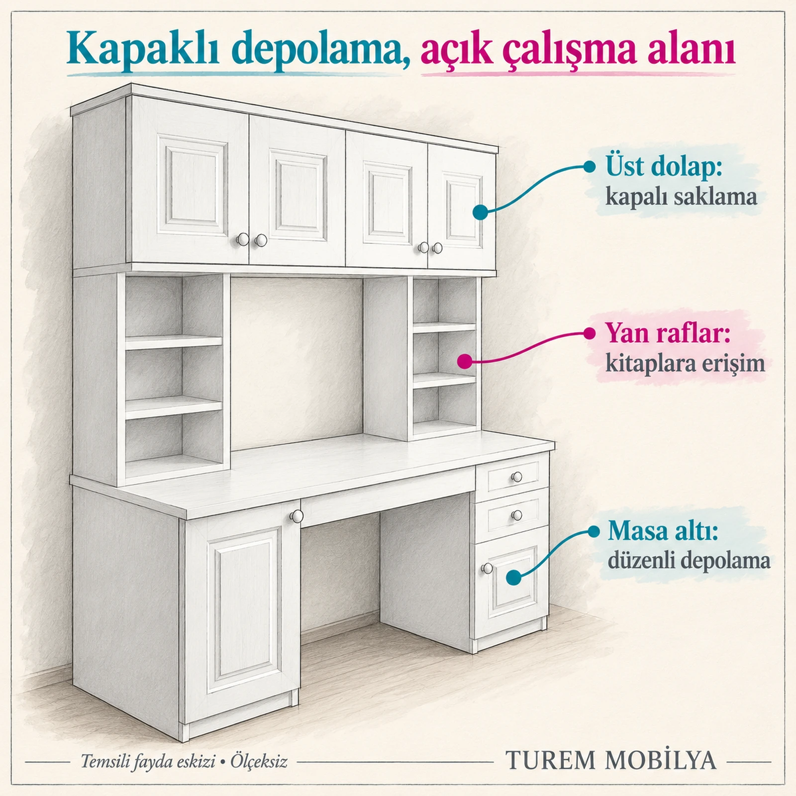 üst dolaplı çalışma masası yerleşimi fayda eskizi