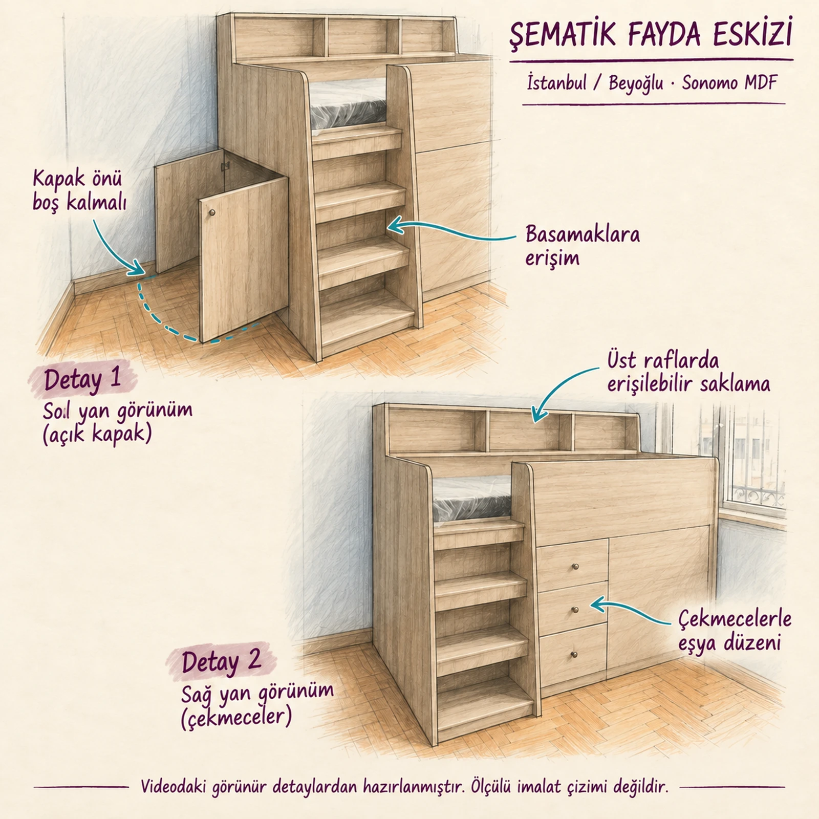 Sonomo MDF yatakta kapak açılımı, basamak erişimi, üst raflar ve çekmeceleri anlatan şematik fayda eskizi