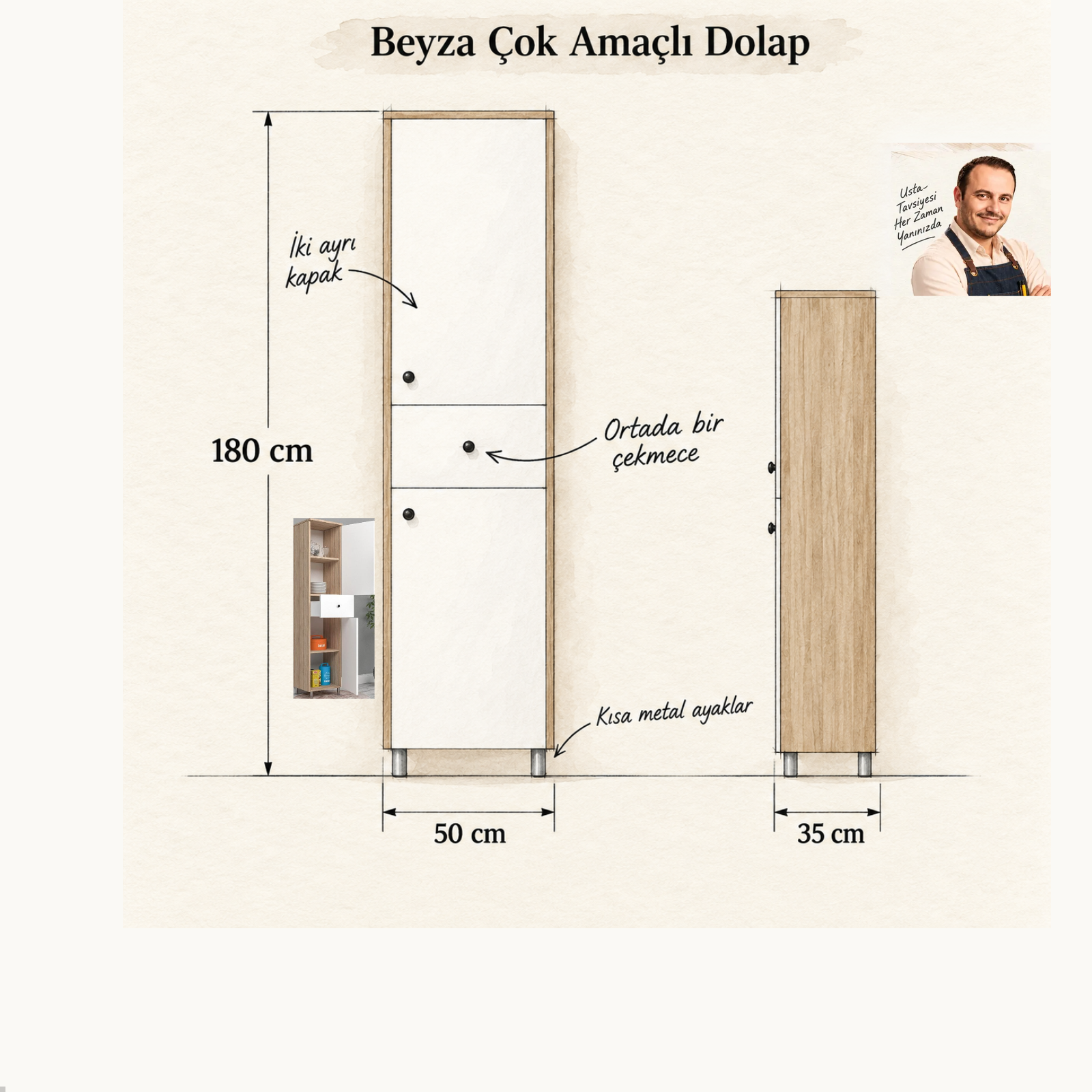 Beyza 50 × 35 × 180 cm ölçülü dolap eskizi ve Turgay Usta