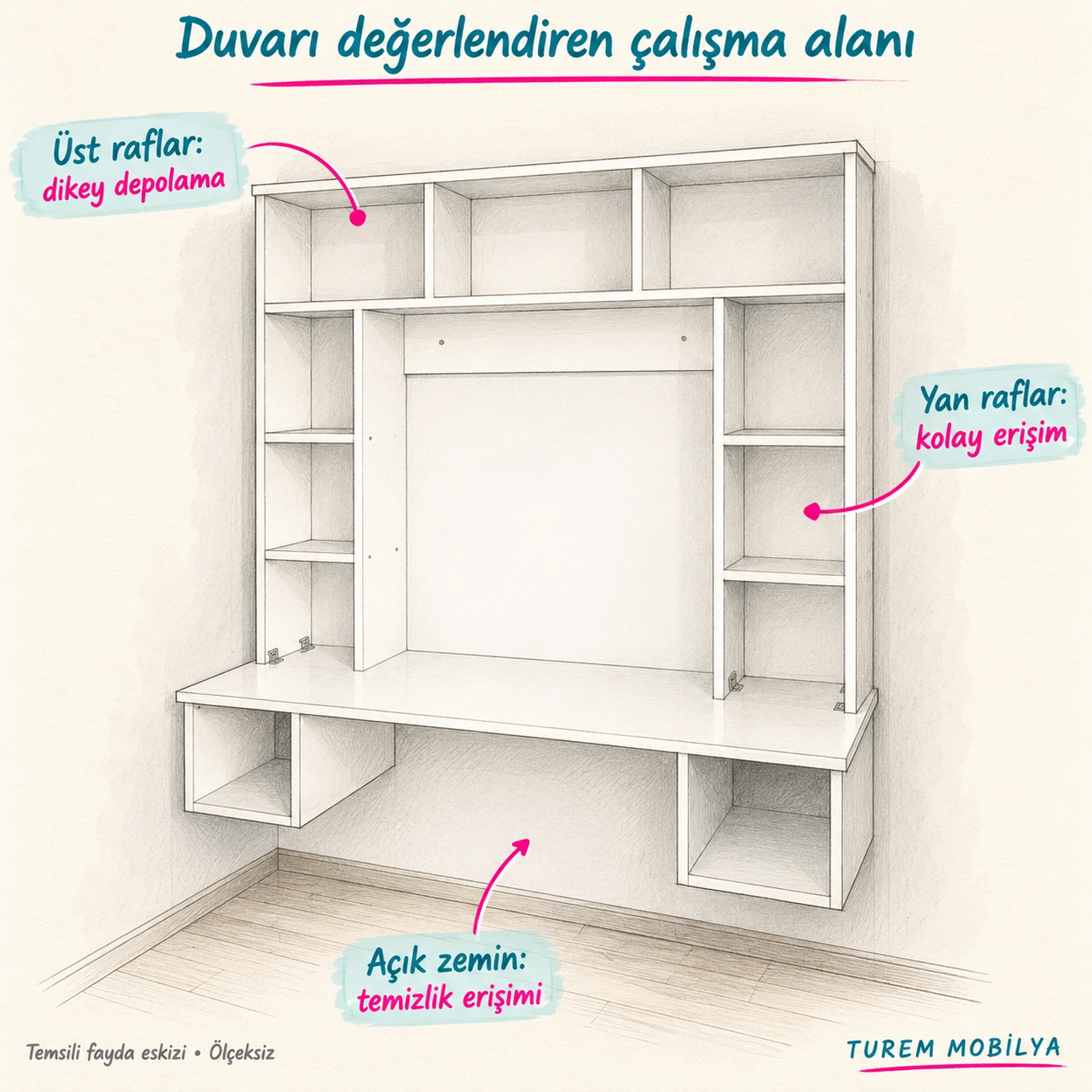 duvara monte kitaplıklı çalışma masası fayda eskizi