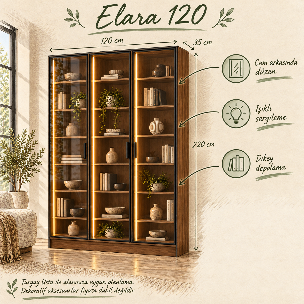 Elara 120 Ceviz Üç Reflekte Camlı Taç Raflı Dikey LED Kitaplık kullanım faydaları ve Turgay Usta eskizi