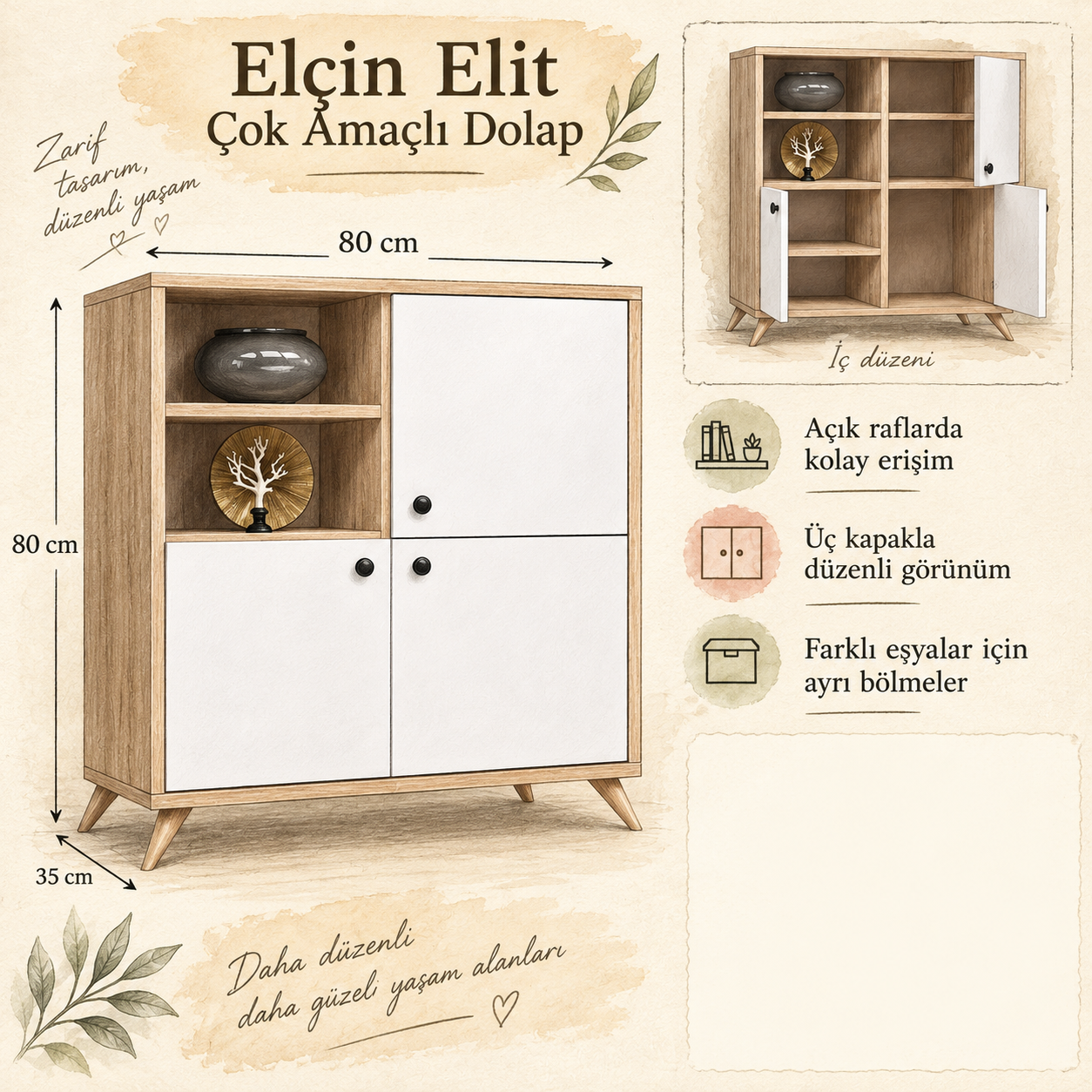 Elçin Elit Çok Amaçlı Dolap 80×35×80 cm; üç kapak ve iki açık bölme fayda eskizi