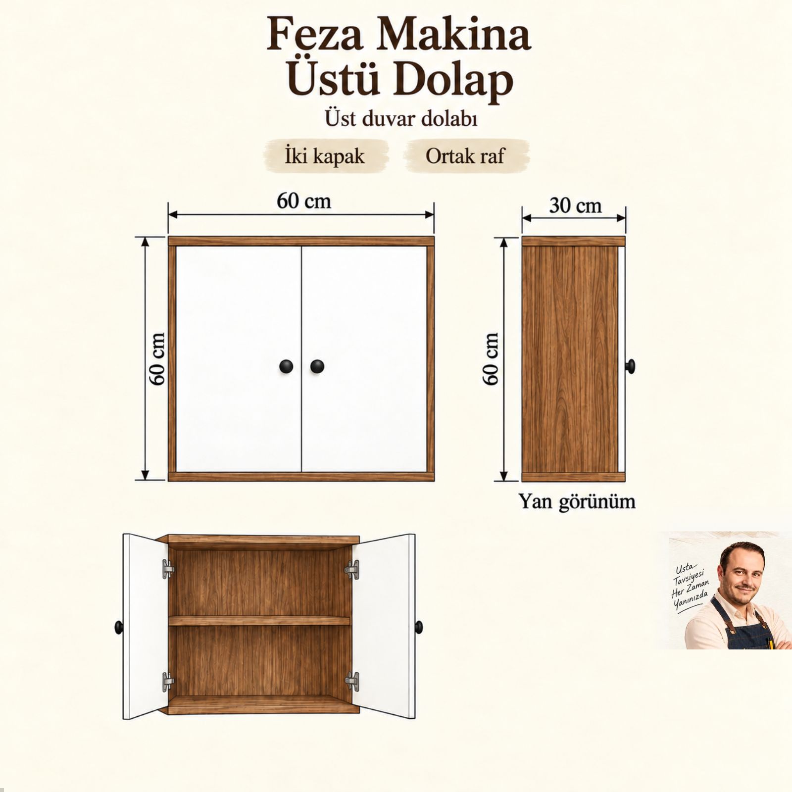 Feza üst duvar dolabı, 60×30×60 cm ölçülü eskiz