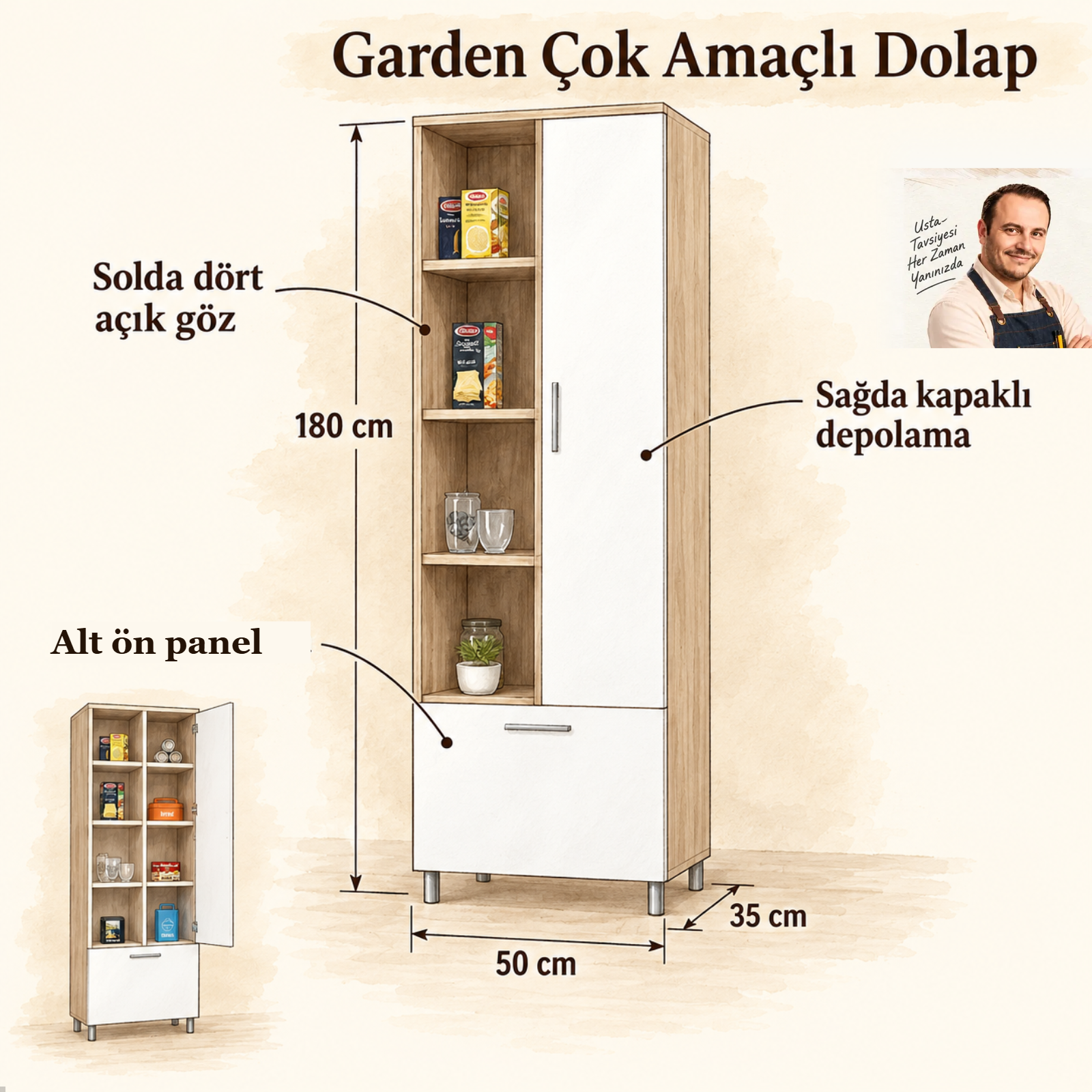 Garden Çok Amaçlı Dolap ölçülü Turgay Usta eskizi