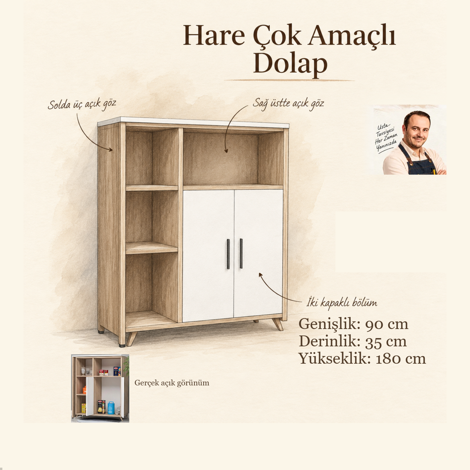 Hare Çok Amaçlı Dolap, 90 cm genişlik, 35 cm derinlik, 180 cm toplam yükseklik; Turgay Usta eskizi