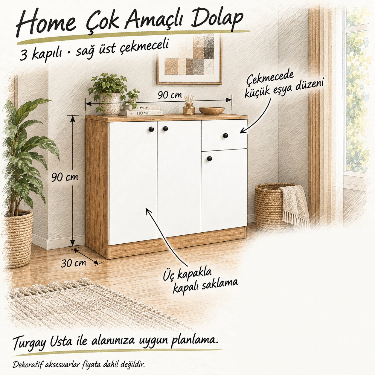 Home Çok Amaçlı 3 Kapılı Dolap 90 × 30 × 90 cm; sağ üst çekmece ve üç kapaklı saklama faydaları