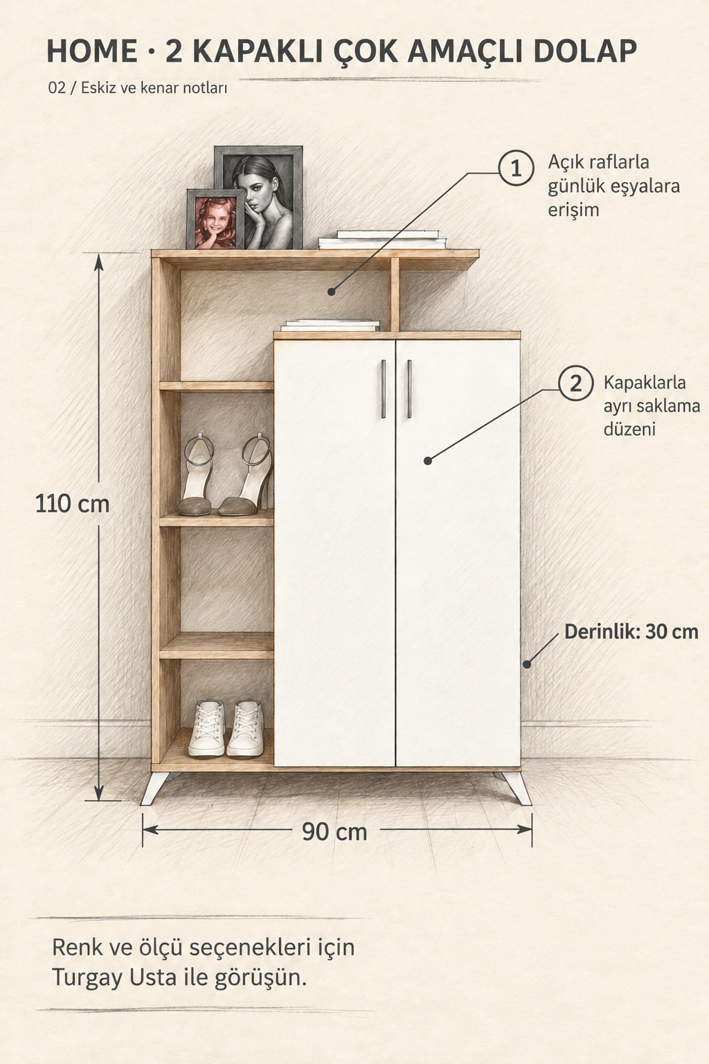 Home 2 Kapaklı Çok Amaçlı Dolap: 90×30×110 cm ölçülerle ürüne özel fayda eskizi
