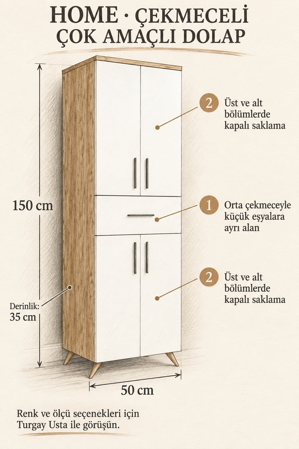 Home Çok Amaçlı Çekmeceli Dolap: 50×35×150 cm ölçülerle ürüne özel fayda eskizi