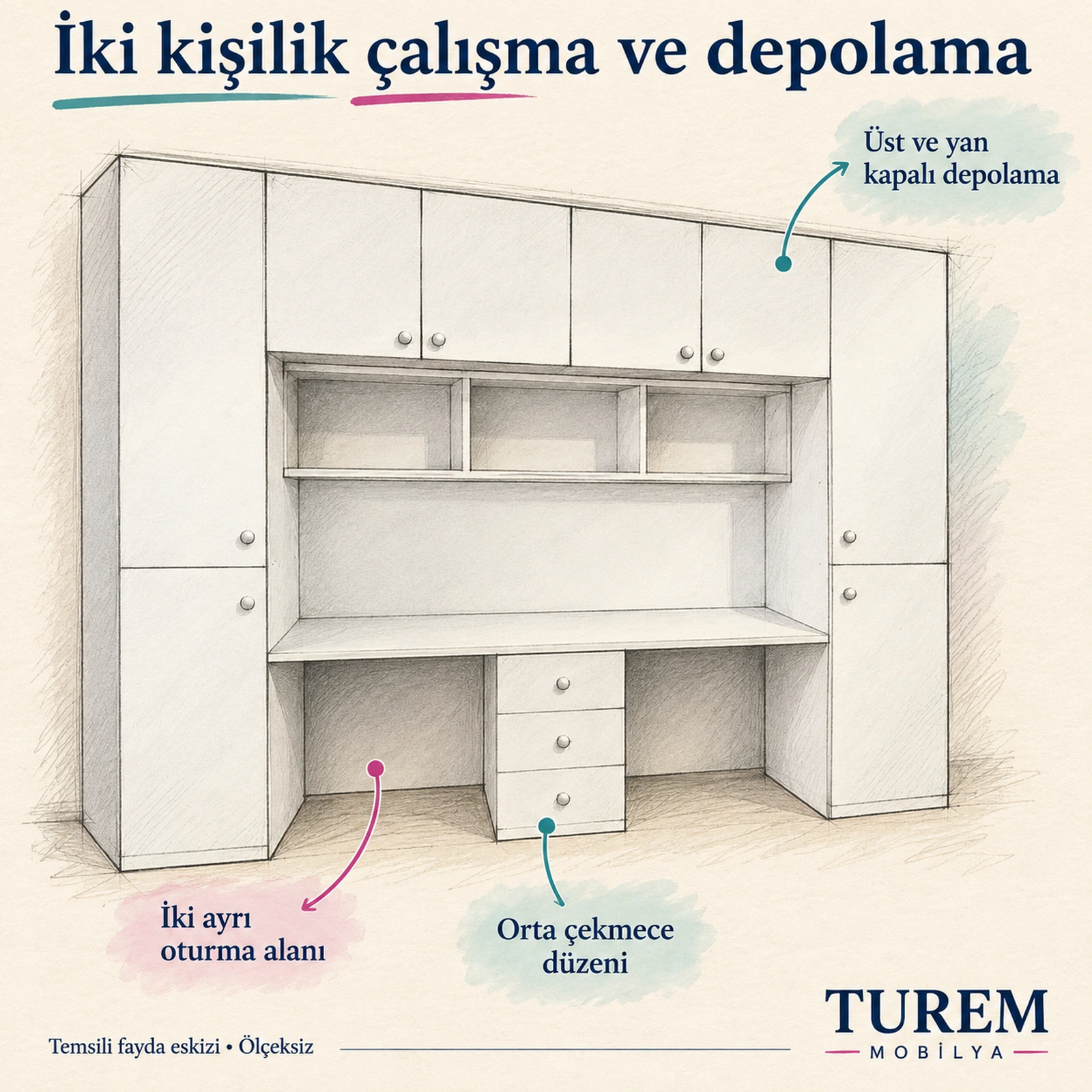 iki kişilik dolaplı çalışma alanı fayda eskizi