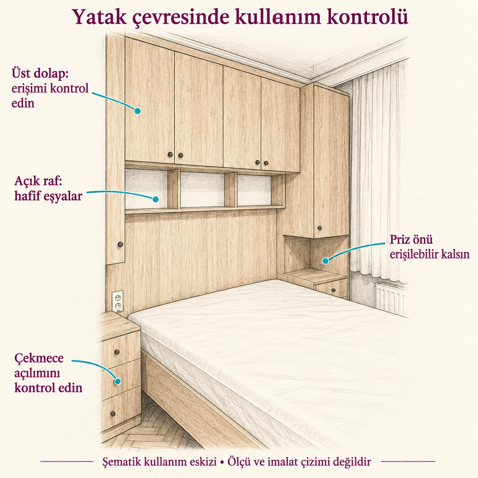 Yatak çevresi dolapta üst bölüme erişim, açık raf, priz ve çekmece açılımı kontrolünü anlatan şematik eskiz