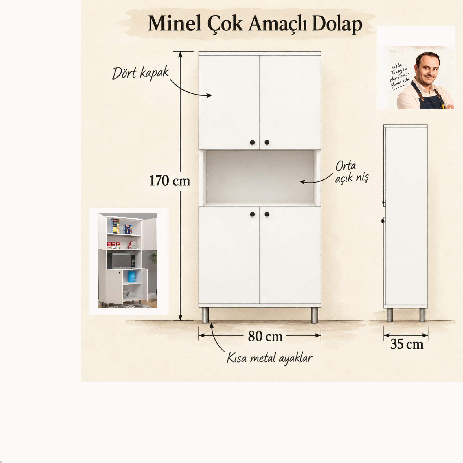 Minel dolap ön ve yan ölçü görünüşleri ile orijinal Turgay Usta