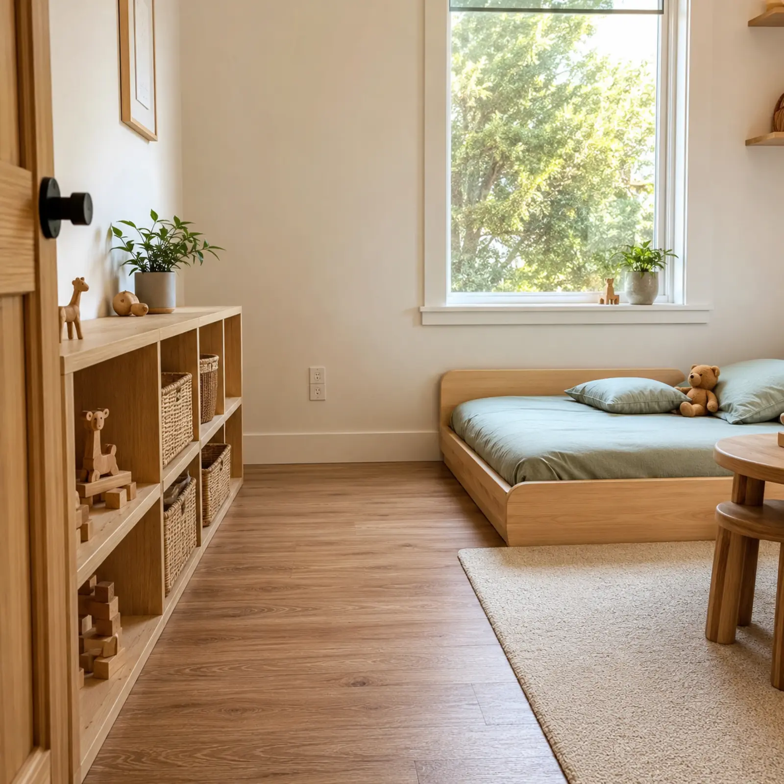 Montessori yatak bulunan çocuk odasında güvenlik kontrolü