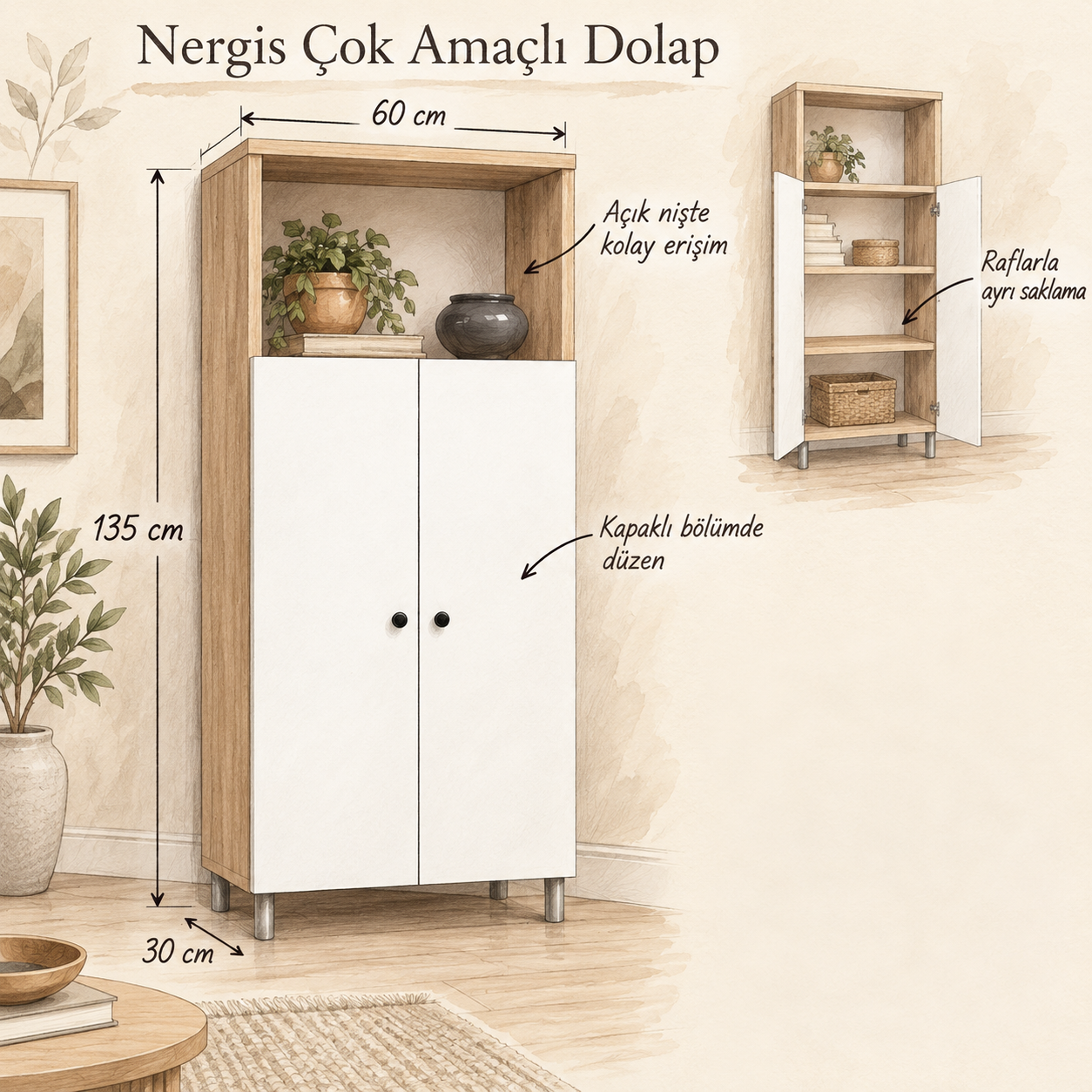 Nergis Çok Amaçlı Dolap 60 × 30 × 135 cm; açık niş, iki kapak ve raflı saklama faydaları