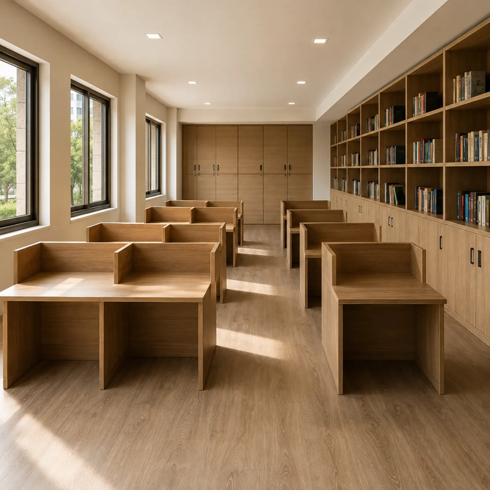 Okul kurs ve etüt alanı için toplu çalışma masası kitaplık ve dolap planı