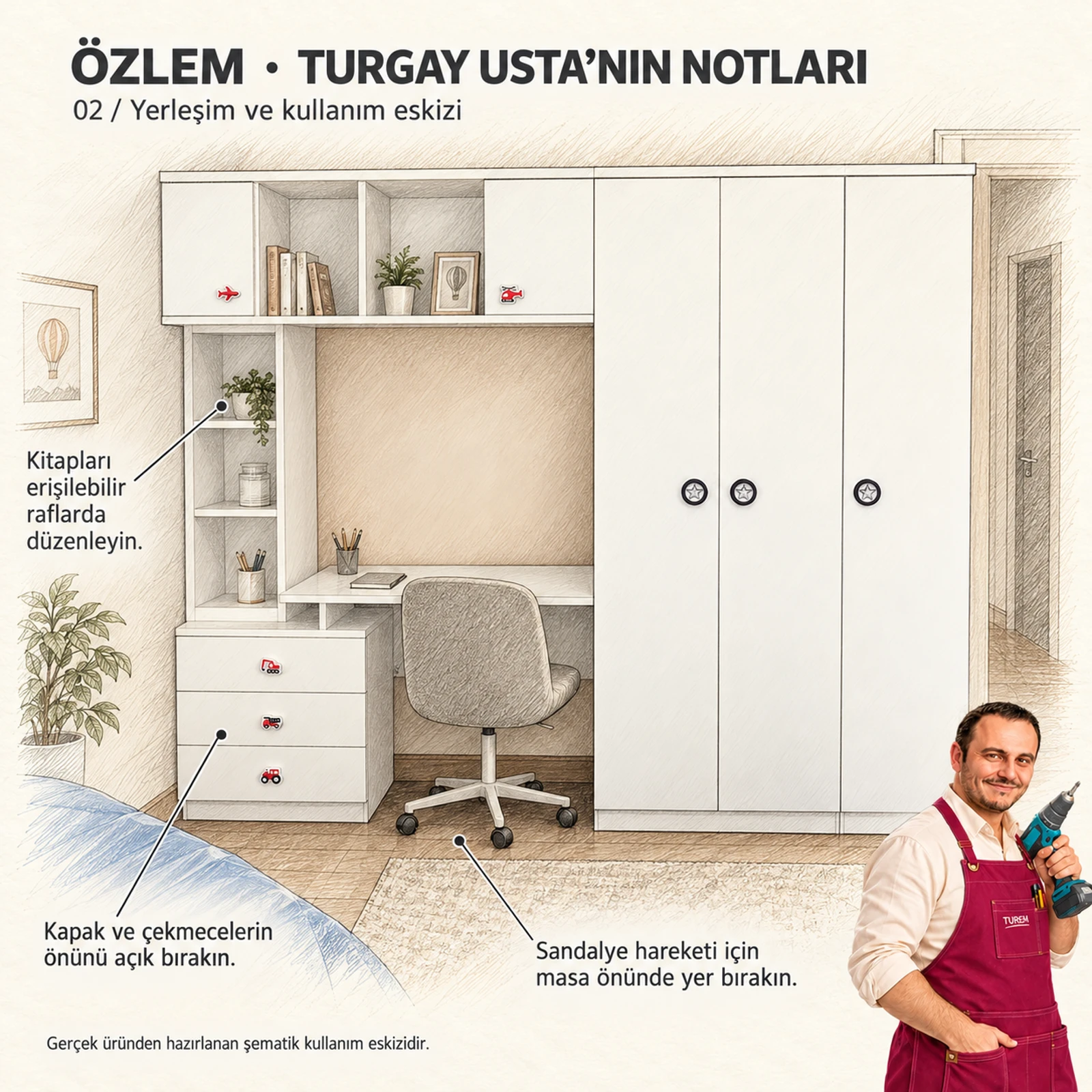 Özlem dolaplı çalışma masası için kapak açılımı, raf erişimi ve sandalye boşluğunu anlatan şematik Turgay Usta eskizi