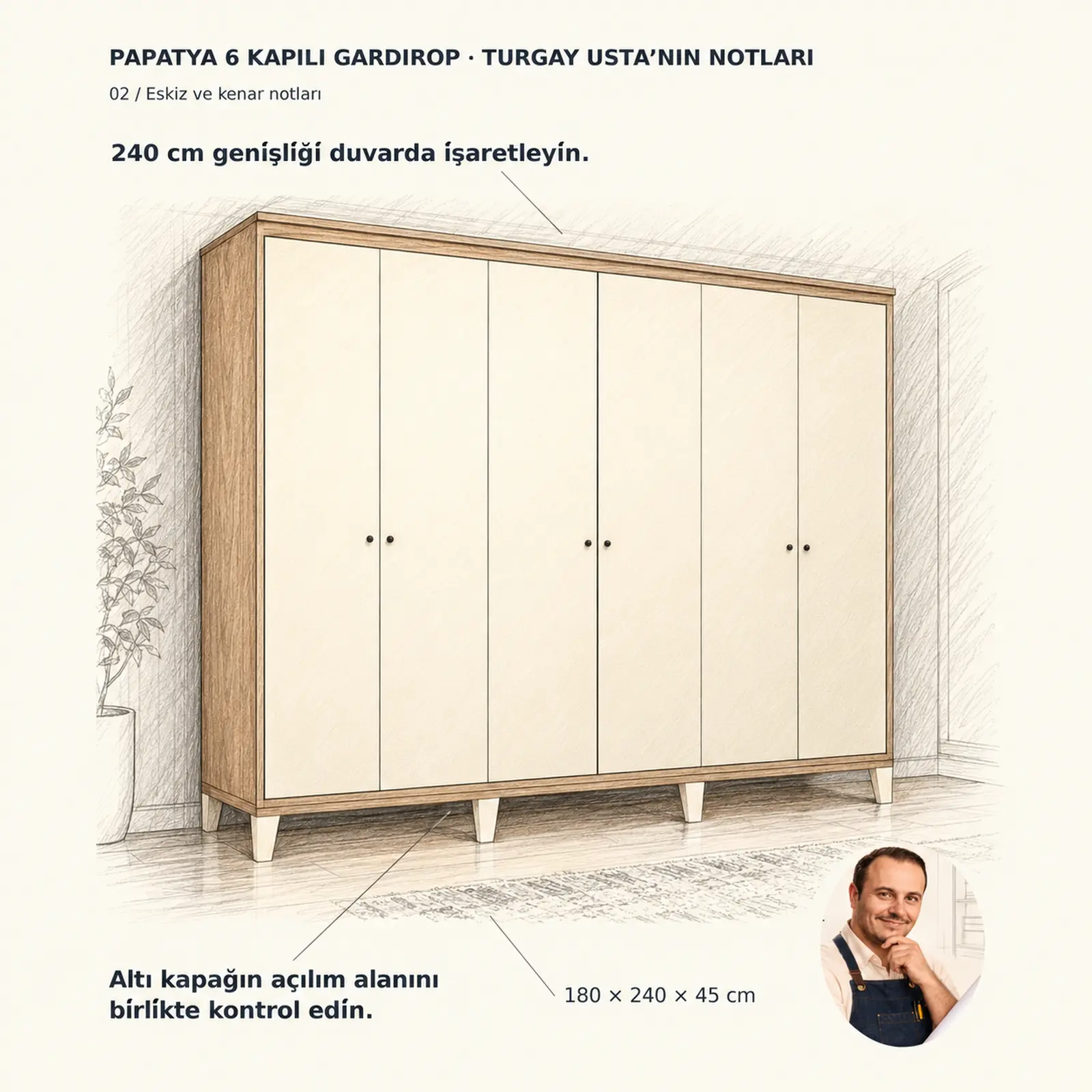 Papatya altı kapılı gardırobun 180 × 240 × 45 cm ölçülerini gösteren Turgay Usta eskizi