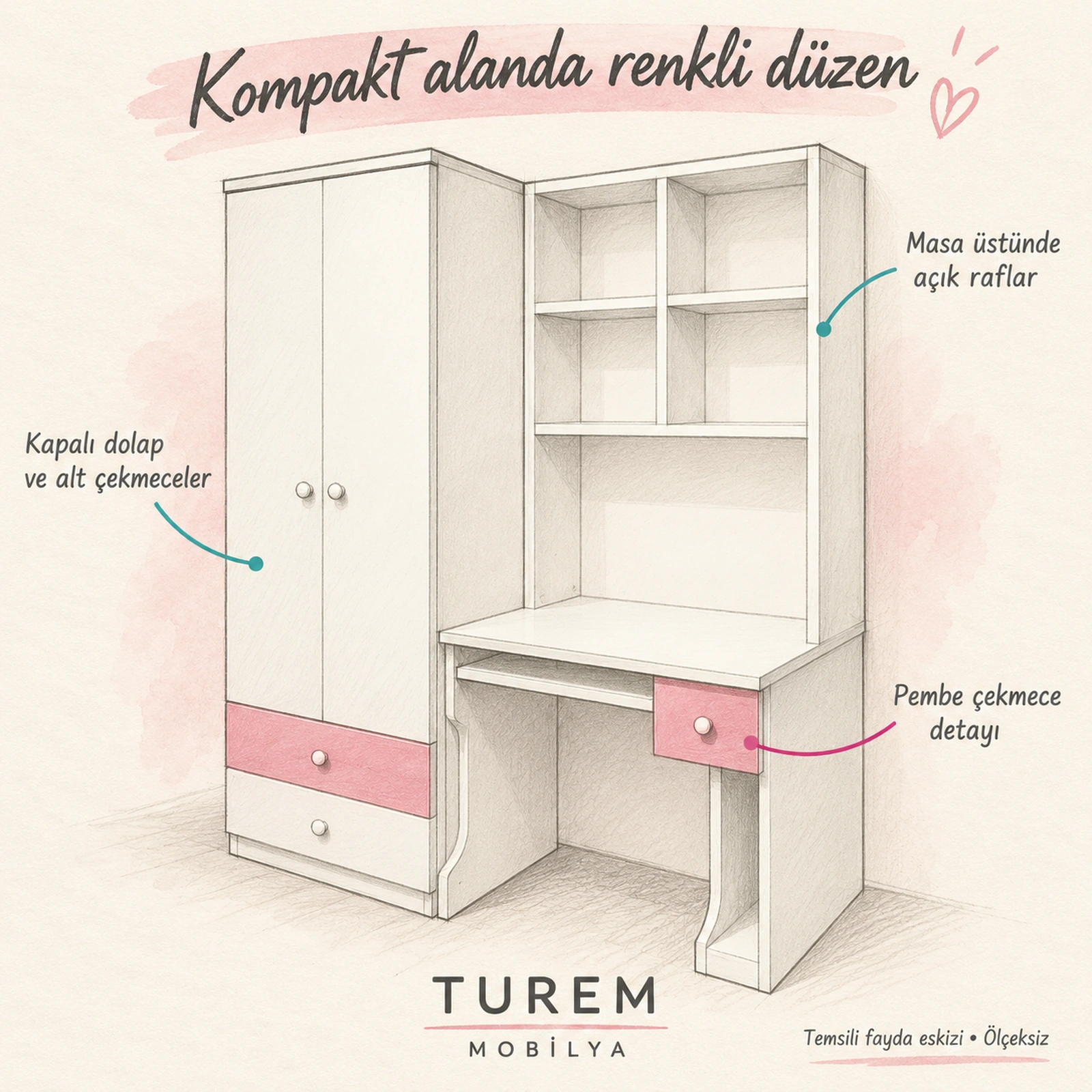 pembe beyaz dolaplı çalışma masası fayda eskizi