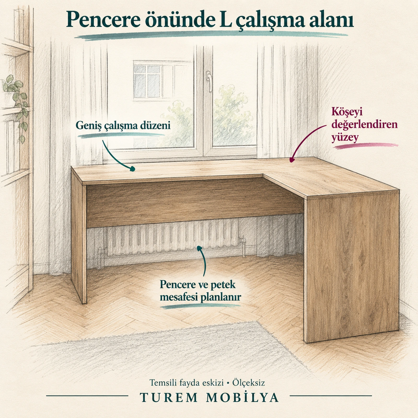 pencere önünde L çalışma masası yerleşimi fayda eskizi