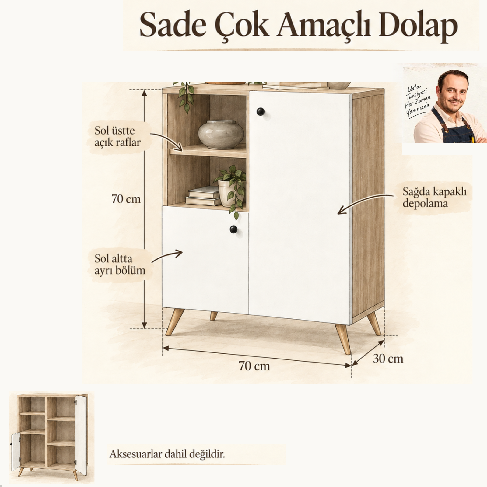 Sade Çok Amaçlı Dolap ölçülü Turgay Usta eskizi