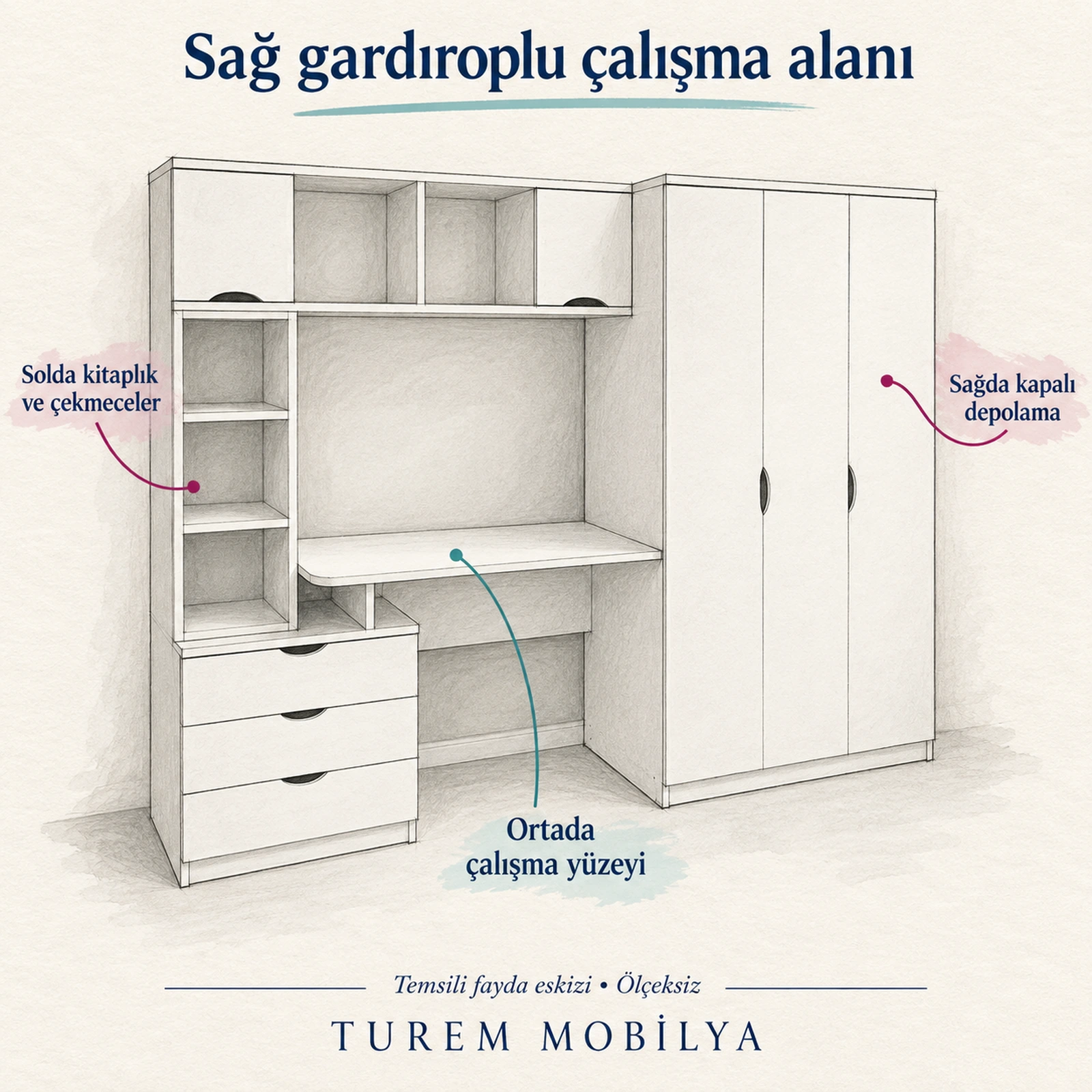 sağ gardıroplu çalışma masası yerleşimi fayda eskizi