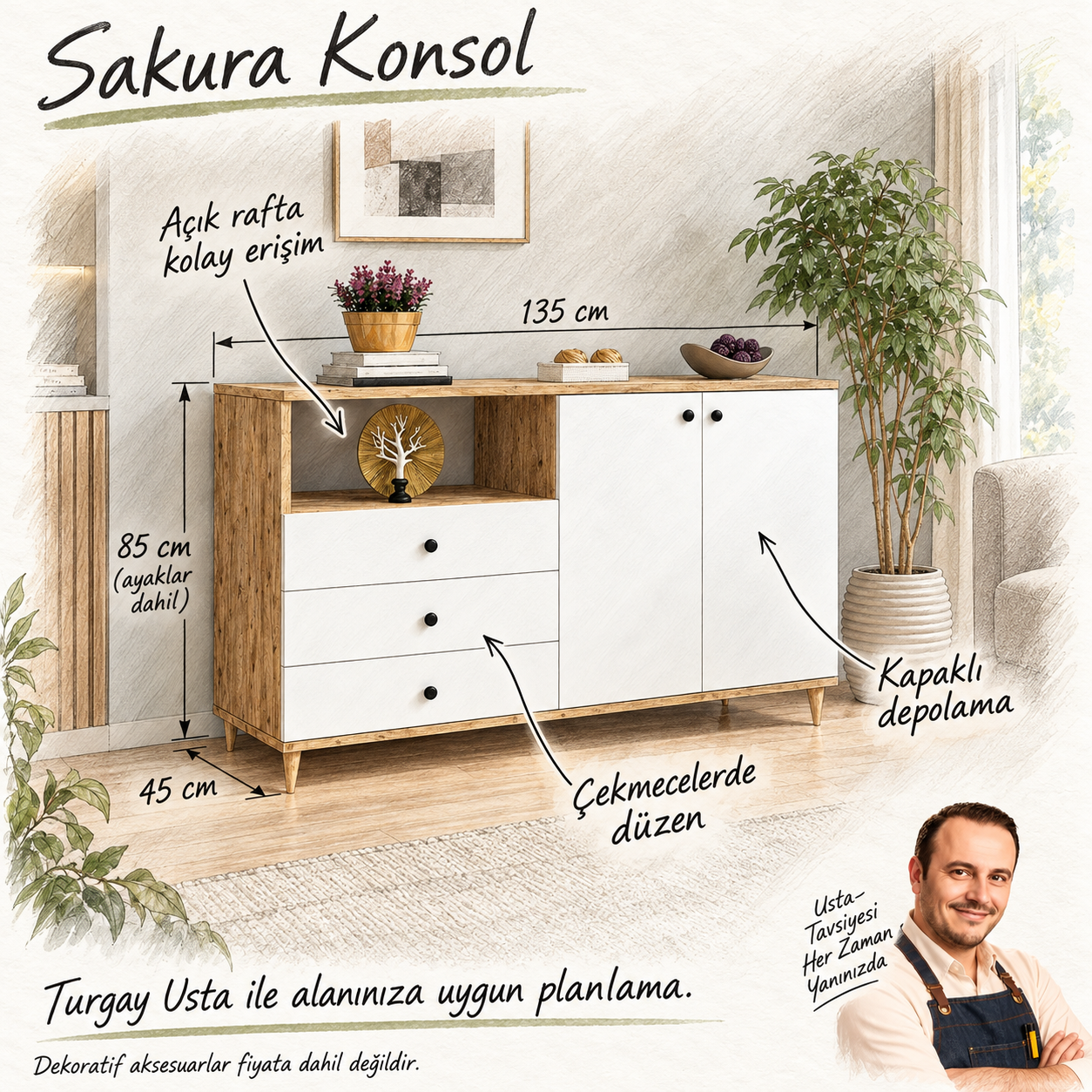 Sakura Konsol 135 × 45 × 85 cm; açık raf, üç çekmece ve kapaklı depolama faydaları