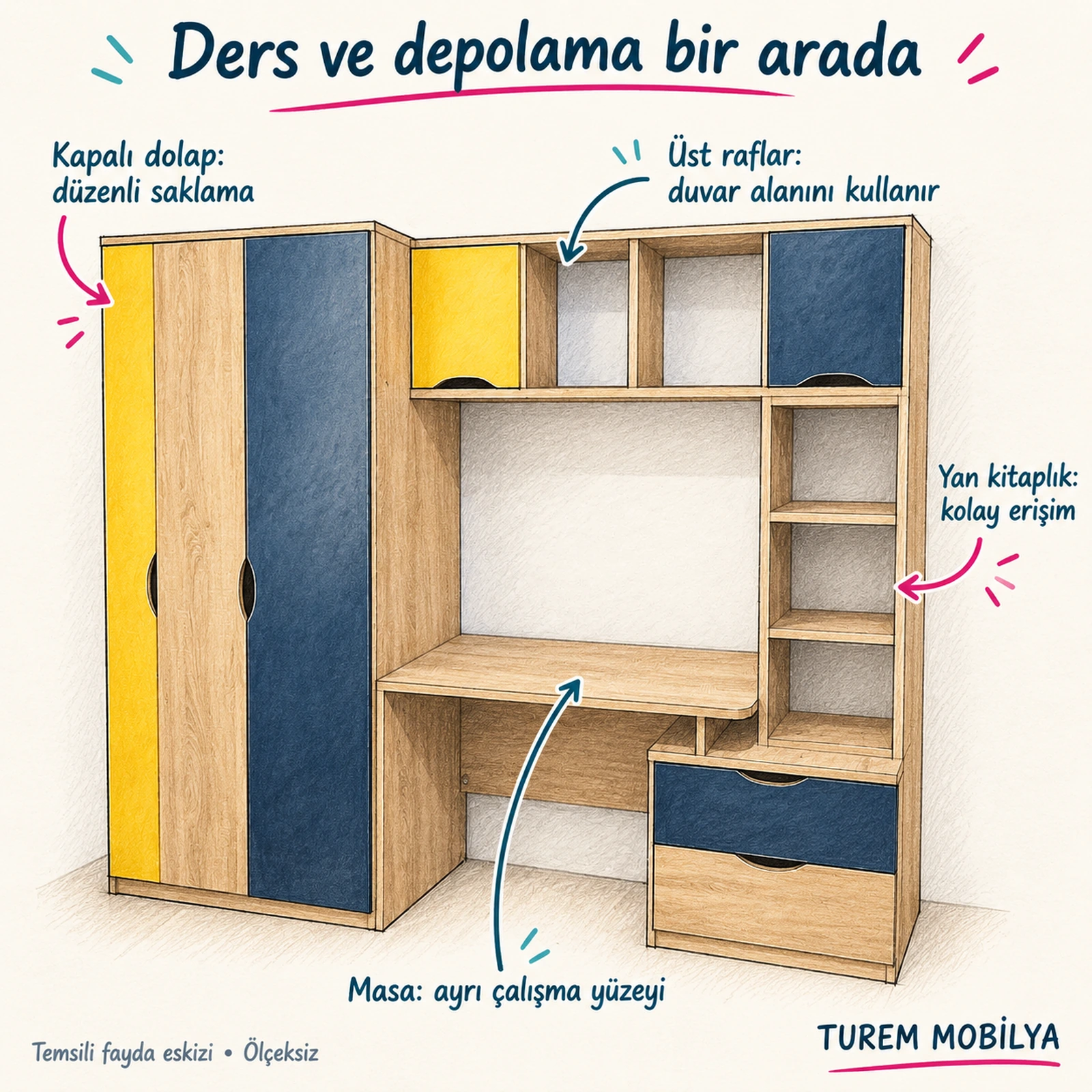 genç odasında dolaplı çalışma alanı fayda eskizi