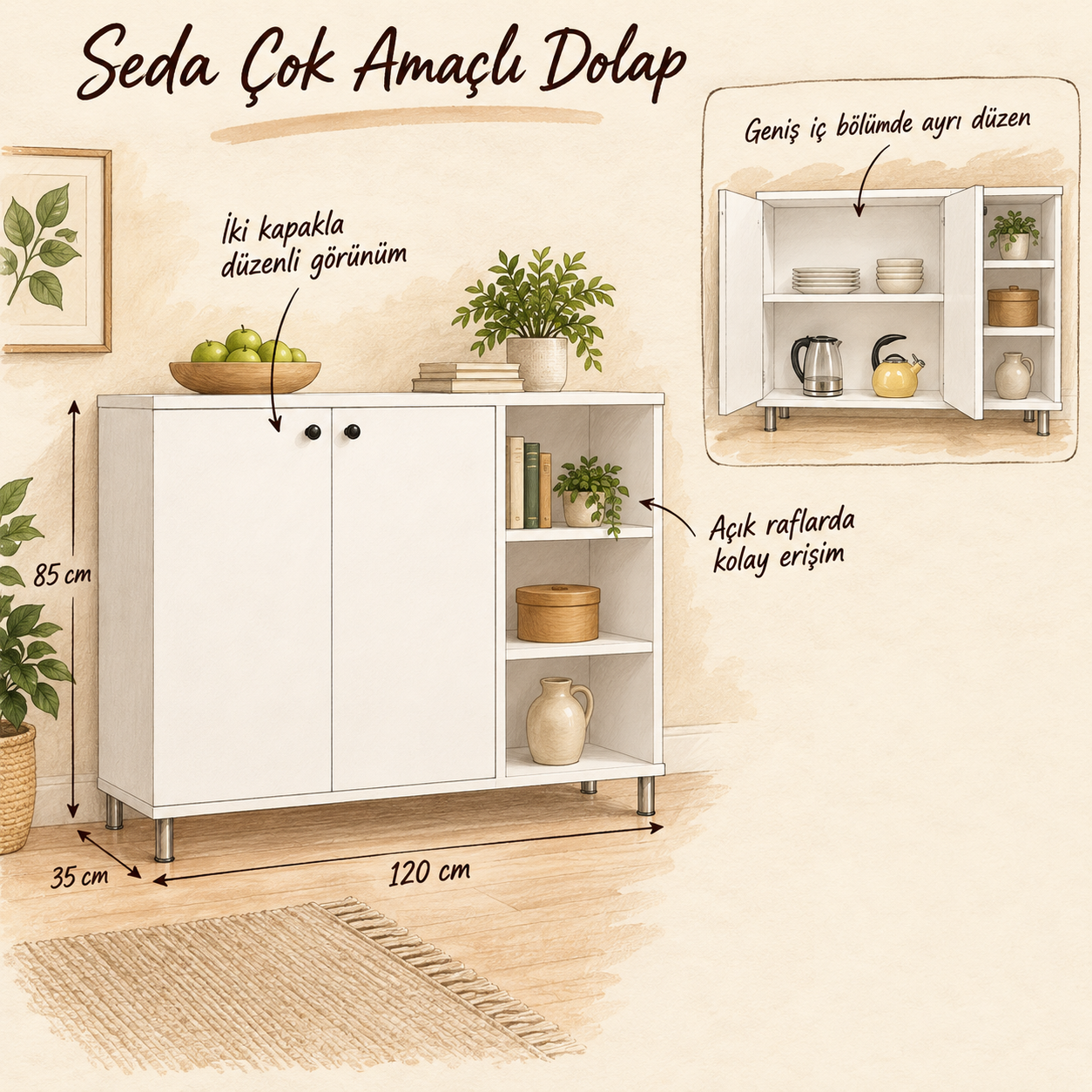 Seda Çok Amaçlı Dolap 120×35×85 cm; iki kapak ve üç açık bölme fayda eskizi