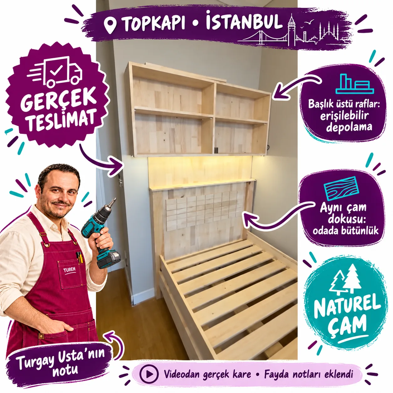 İstanbul Topkapı naturel çam teslimatı — Başlık üstü raflar ve doğal çam dokusu