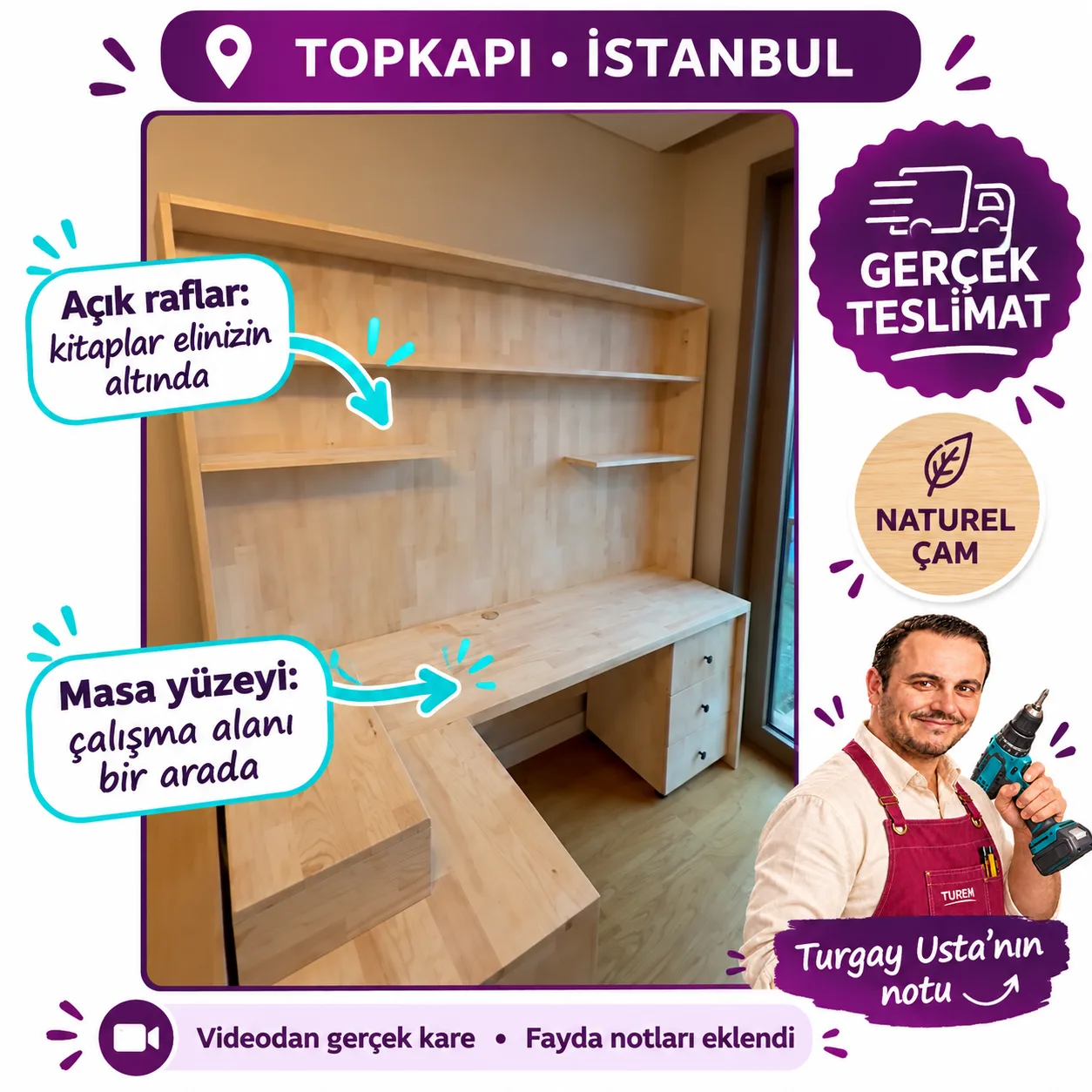 İstanbul Topkapı naturel çam teslimatı — Açık raflar ve masa yüzeyi: çalışma alanının kullanım faydaları