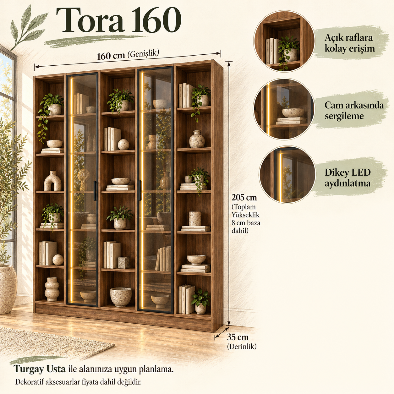 Tora 160 Ceviz İki Reflekte Camlı Üç Açık Raflı Dikey LED Kitaplık kullanım faydaları ve Turgay Usta eskizi