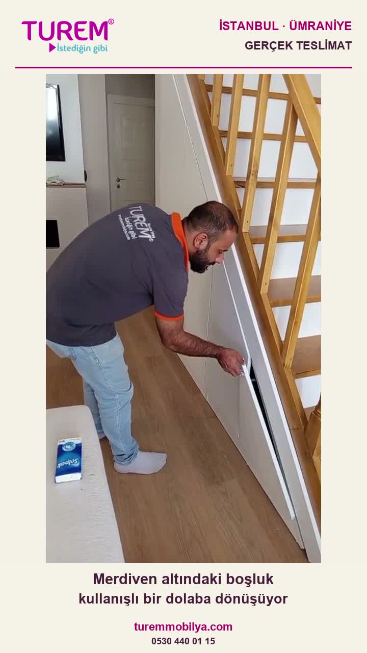 Ümraniye gerçek teslimatında merdiven eğimine uyumlu kapaklı dolap