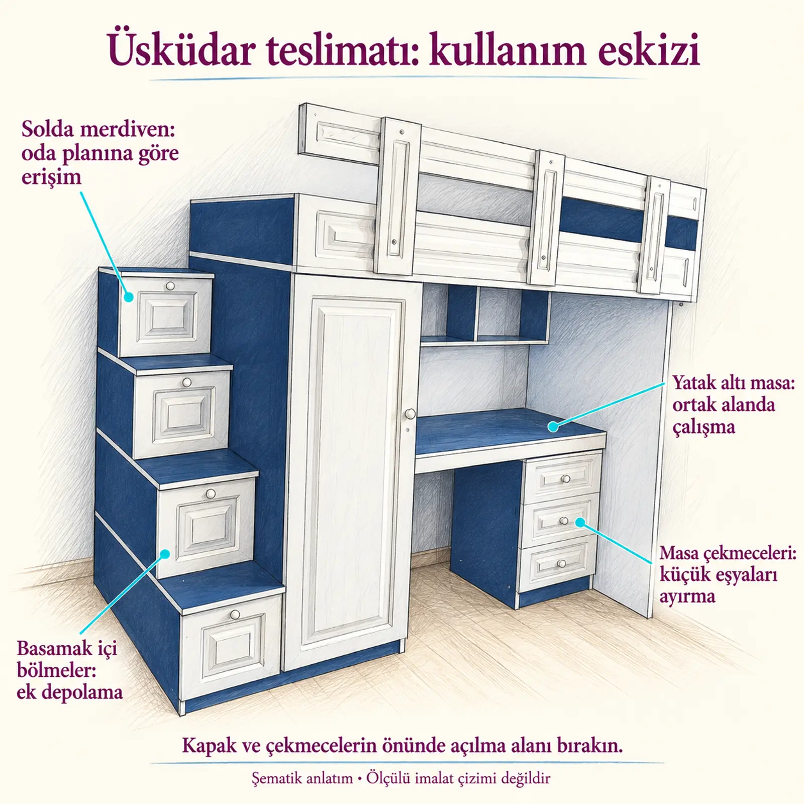 Sol merdiven, basamak içi depolama, yatak altı masa ve çekmeceleri açıklayan şematik kullanım eskizi