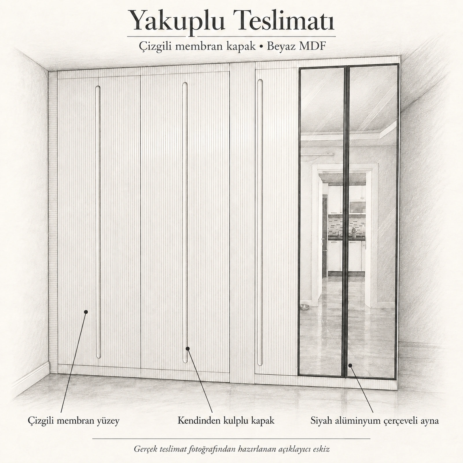 Yakuplu portmantonun çizgili membran yüzey, kendinden kulp ve siyah çerçeveli ayna ayrıntılarını anlatan açıklayıcı eskiz