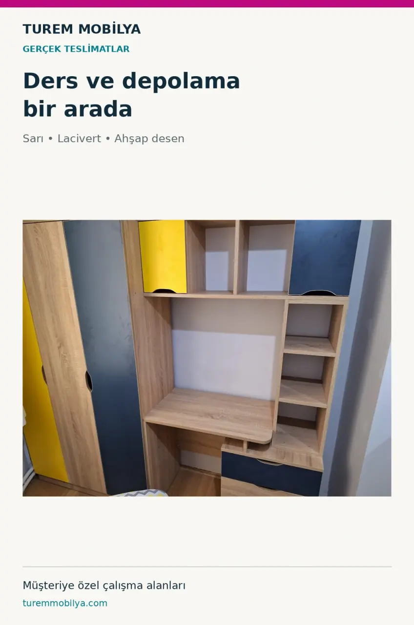 Sarı Lacivert Dolaplı Çalışma Alanı | Gerçek Teslimat