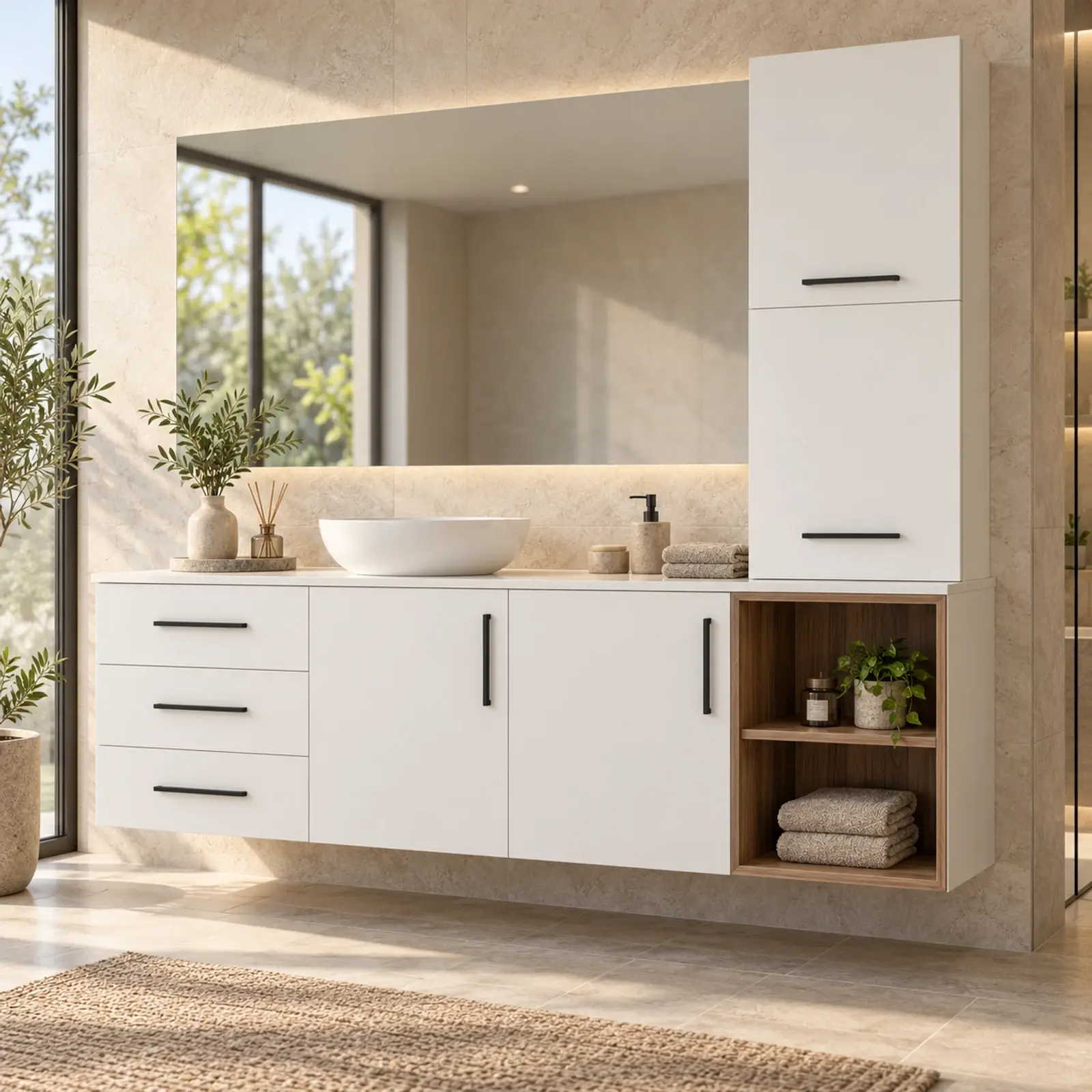 Virelna Düz MDF Sağ Havlu Raflı Üç Çekmeceli Banyo Dolabı 160 cm