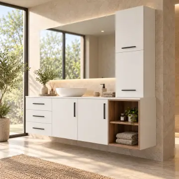 Virelna Düz MDF Sağ Havlu Raflı Üç Çekmeceli Banyo Dolabı 160 cm