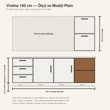 Virelna Düz MDF Sağ Havlu Raflı Üç Çekmeceli Banyo Dolabı 160 cm